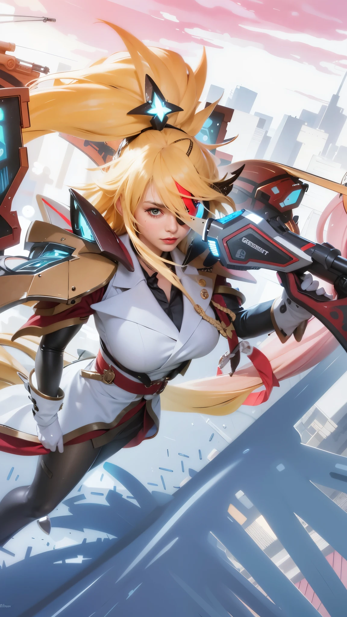 8k, ultra hd, ultra detailed texture, hyper realistic, masterpiece, detailed texture, detailed face, detailed skin, detailed lighting, (photorealistic:1.5), best quality, beautiful lighting, cinematic lighting, professional lighting, ultra highres, realistic, detailed hair, real hair, high quality, (realskin:1.5), extremely detailed, finely detail, ultra-detailed, 1girl, a close-up of a woman with a gun in her hand, braids, eye patch, left eyepatch