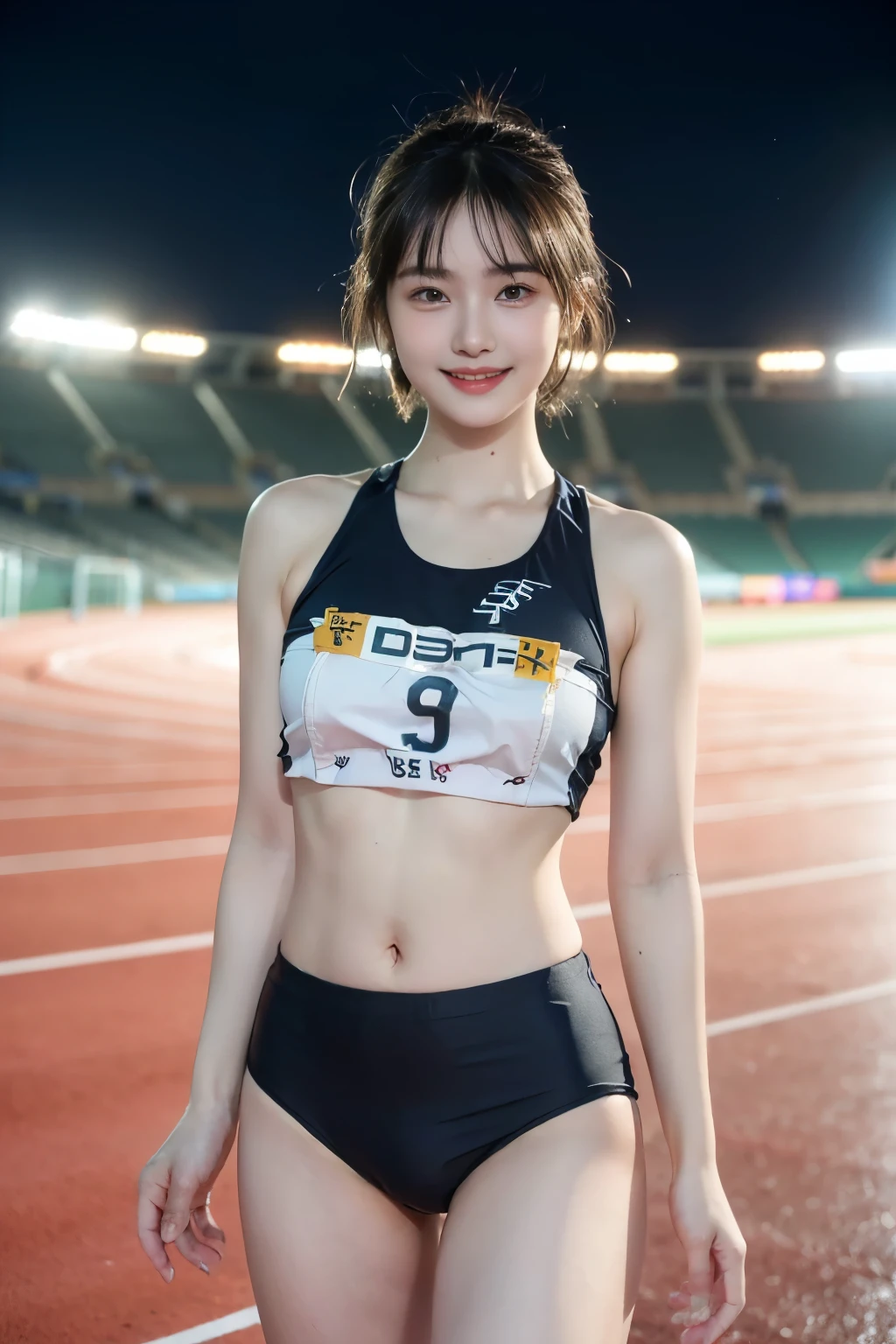 (best image quality:1.35), high quality, realistic pictures, (一位Beautiful woman:1.33), beautiful expression, (delicate eyes:1.3), (beautiful eyes:1.3), (delicate face:1.3), smile, (Shiny hair:1.2), (Acne hair:1.3), (muscular body:1.2), super detailed, High resolution, physical sports, (big breasts:1.25), (short hair:1.2), (Beautiful woman), (cute belly button:1.2),  (The depth of the written boundary f/1.2:1.45), sharp focus, original photo, (sprinter;bloomers:1.45), (beautiful thighs:1.65),(face forward:1.25), (Athletics stadium at night:1.4), (dark sky:1.5),smile、Blue uniform、shortcut