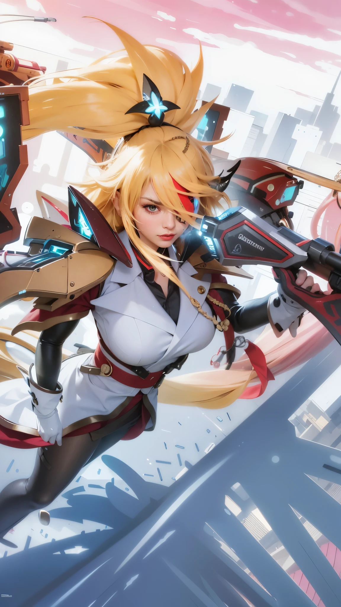 8k, ultra hd, ultra detailed texture, hyper realistic, masterpiece, detailed texture, detailed face, detailed skin, detailed lighting, (photorealistic:1.5), best quality, beautiful lighting, cinematic lighting, professional lighting, ultra highres, realistic, detailed hair, real hair, high quality, (realskin:1.5), extremely detailed, finely detail, ultra-detailed, 1girl, a close-up of a woman with a gun in her hand, braids, eye patch, left eyepatch