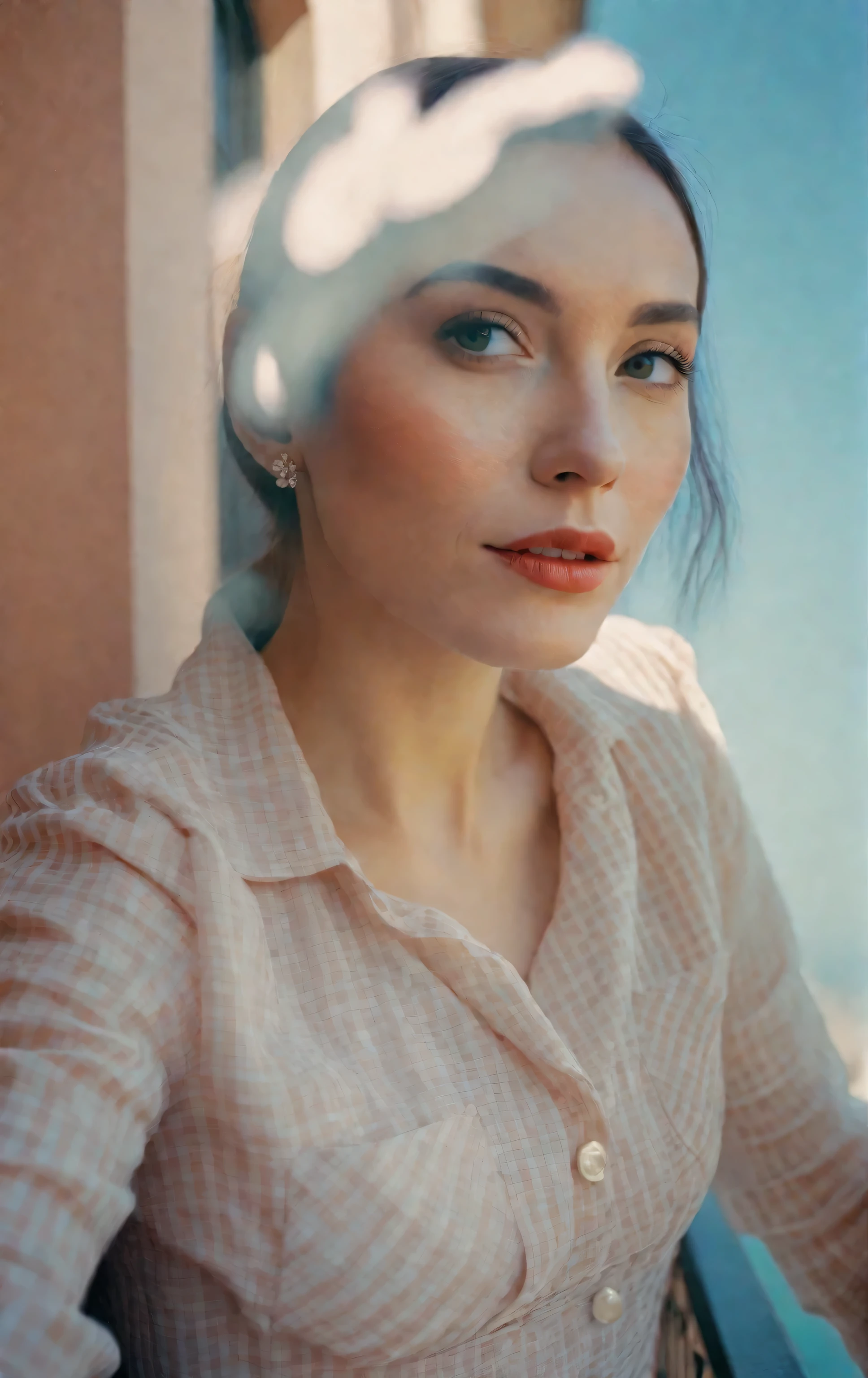 woman stands on the balcony and holds a bouquet of flowers, stock photo of Nadya Rusheva, Instagram contest winner, Aestheticism, photo taken on ektachrome, photo taken on Nikon D750, photo taken with Provia