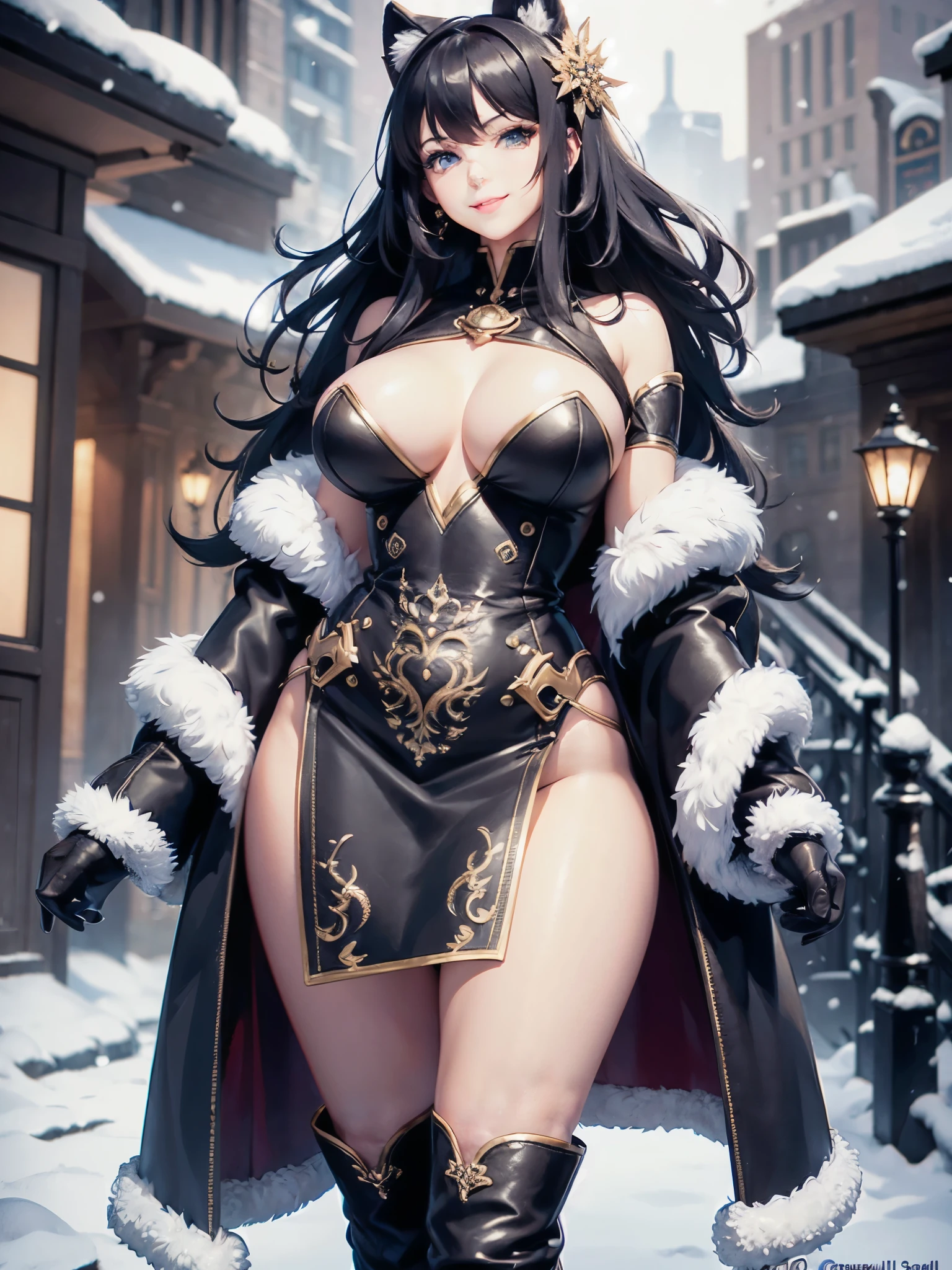 ((highest quality)),(ultra high resolution),(Super detailed),(detailed description),((best CG)),(best work of art),super precision art,amazing drawing art,(Art with precise details:1.5, (woman:1.6),(beautiful and well-shaped face:1.6),(A long coat with detailed fur:1.6),(smile:1.4),(sweater:1.4),big breasts:1.6,thin waist:1.4,Beautiful leg lines:1.3,(Knee-high boots:1.4), snow covered square:1.8