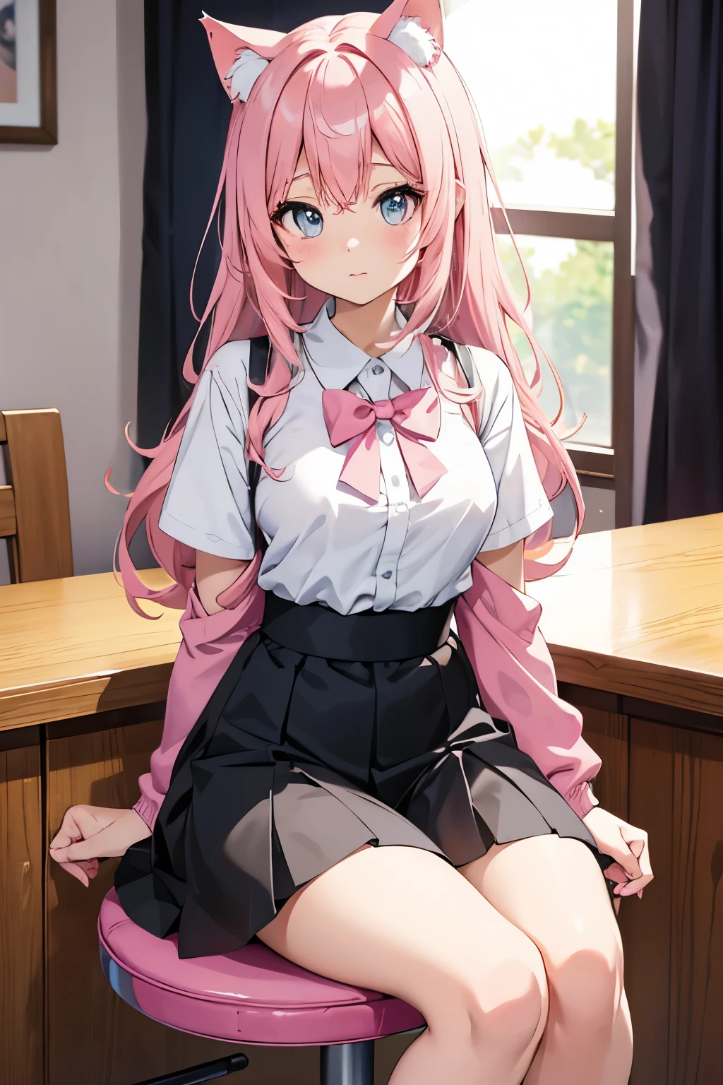 anime girl with pink hair and pink bows sitting on a black stool, anime moe artstyle, cute anime girl, an anime girl, guweiz, anime girl, cute anime catgirl, anime visual of a cute girl, demon anime girl, anime girl with cat ears, young anime girl, lolish, (anime girl), white cat girl, pretty anime girl