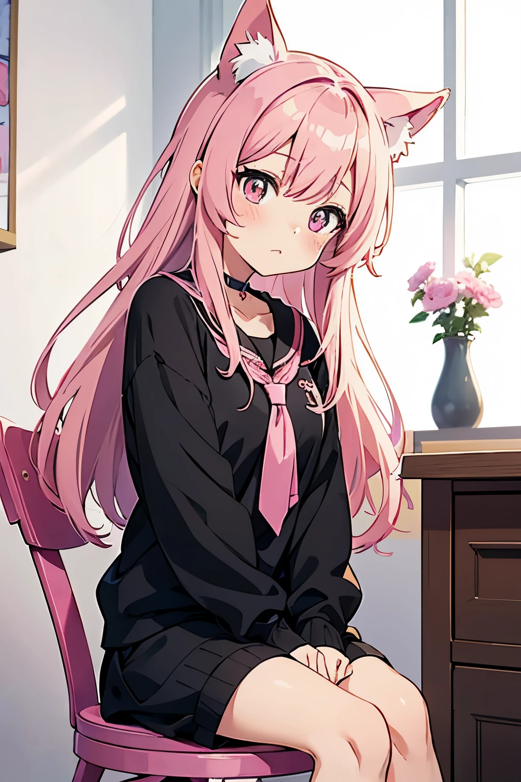 anime girl with pink hair and pink bows sitting on a black stool, anime moe artstyle, cute anime girl, an anime girl, guweiz, anime girl, cute anime catgirl, anime visual of a cute girl, demon anime girl, anime girl with cat ears, young anime girl, lolish, (anime girl), white cat girl, pretty anime girl