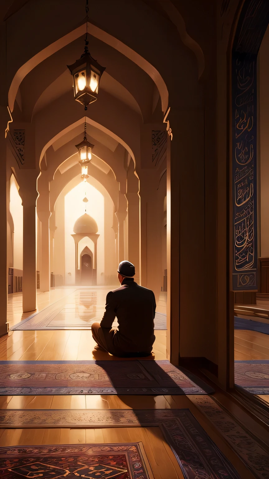 man sitting in mosque, peaceful. islamic calligraphy, back view, night time