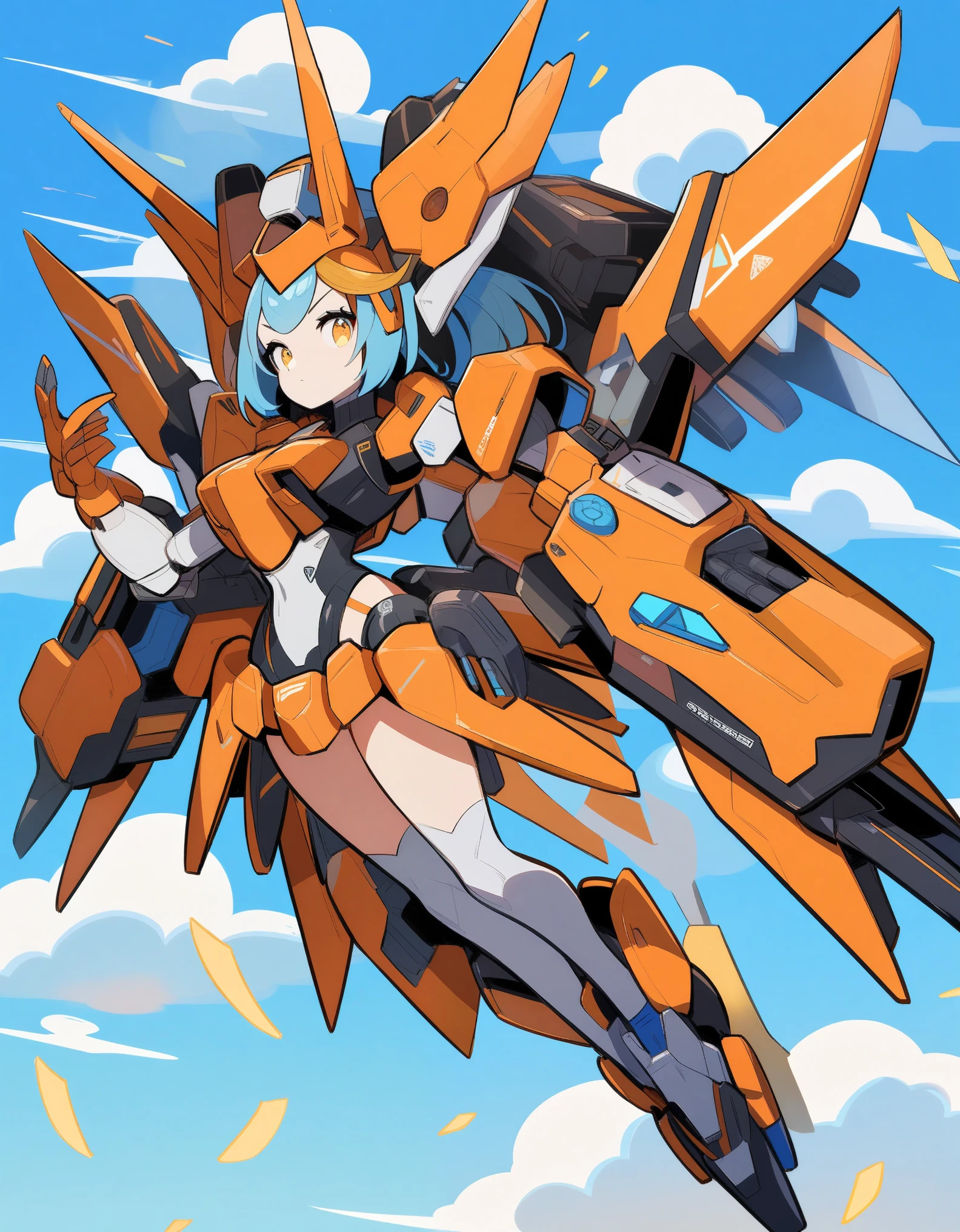 ((celluloid)),mecha musume,a woman in a futuristic outfit is floating in the air with a sword in her hand with a sky and clouds and blue background with white clouds and blue and orange lines and white,with a,Joseph Stella,mecha,a character portrait,rayonism,