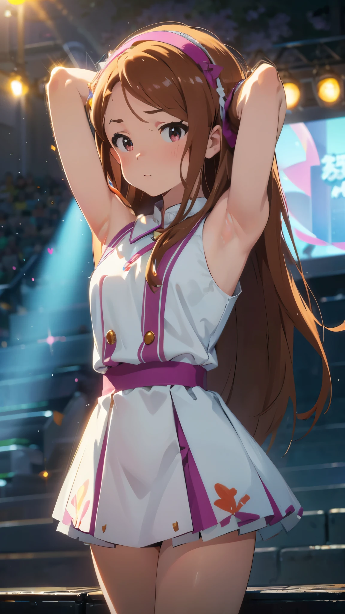 best picture quality, 8K, high quality, masterpiece:1.2), ((masterpiece)), (high detail, high quality, best picture quality), bokeh, DOF, Portrait, open stance, (cute illustration:1.2), (idolmaster), (idol gorgeous costume)(iori minase), sunny light, perfectly balanced anatomy, sleeveless, detached sleeve, (both arms behind head, armpits:1.3), detailed eyes, cute round face, (embarrassed)