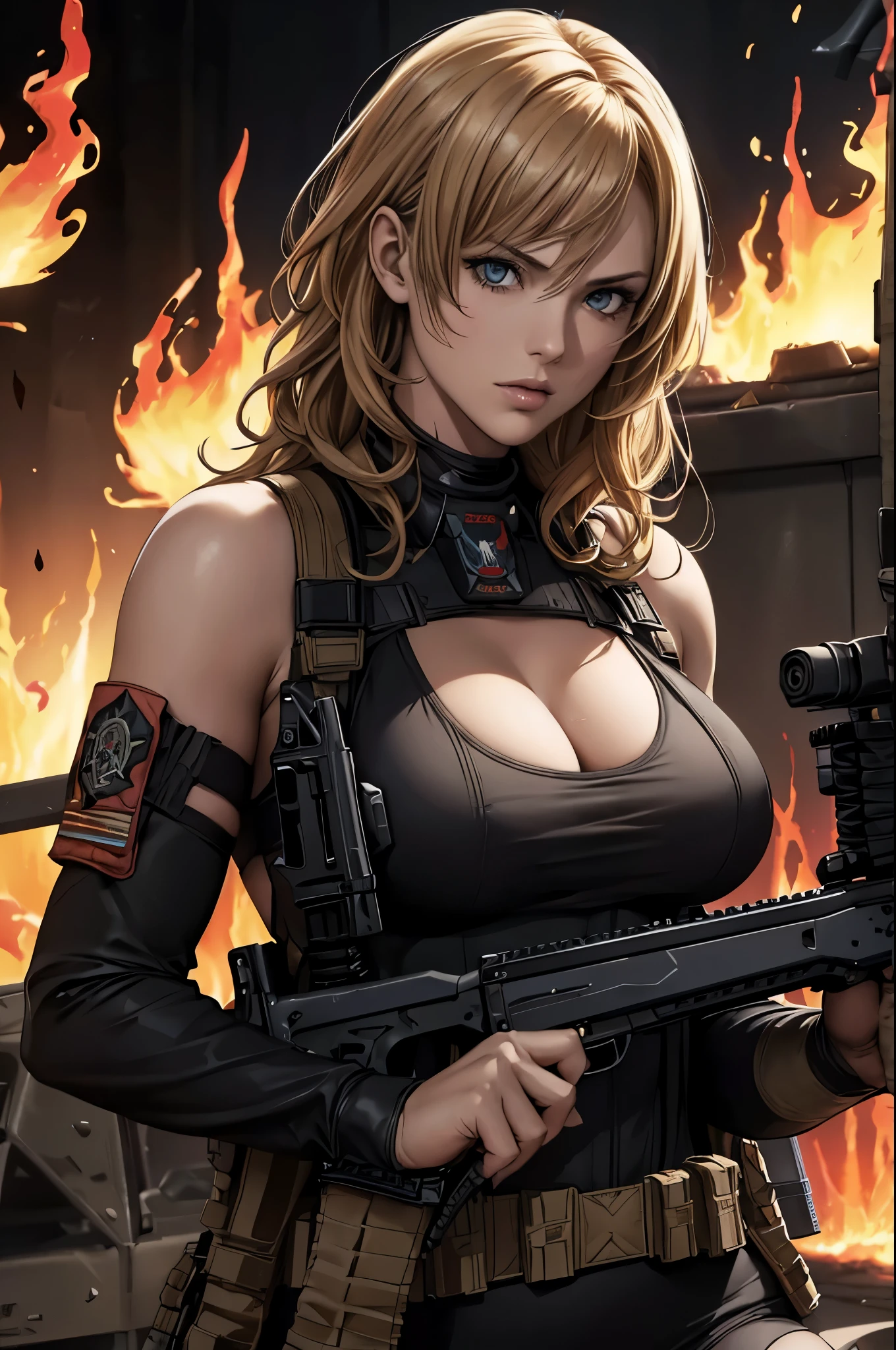 super fine illustration, ultra high resolution, masterpiece, highest quality, perfect dark skin, perfect lighting, detailed lighting, dramatic shadow, ray tracing, 1 beautiful white milf, looking at the viewer, small breasts,  exposed cleavage, beautiful detailed hazel eyes, sharp face, clear eyes, long bang, ((medium curly blond hair:1.2)), ((desert:1.2)), background with jeep, battle of desert, combat helicopter, (((explosive flame))), ((Upper body:1.2)), battle suit, military harness, Alice Abernathy - Resident Evil Series, Milla Jovovich, ((holding Assault Rifle:1.5)),