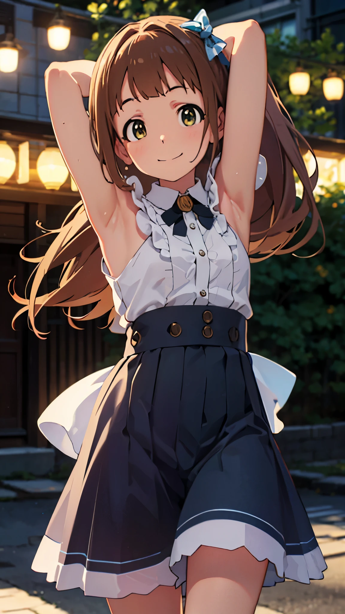 best picture quality, 8K, high quality, masterpiece:1.2), ((masterpiece)), (high detail, high quality, best picture quality), bokeh, DOF, Portrait, open stance, (cute illustration:1.2), (idolmaster), (idol gorgeous costume), (ichihara nina), sunny light, perfectly balanced anatomy, sleeveless, detached sleeve, both arms (behind head, armpits:1.3), detailed eyes, cute round face, embarrassed, smile