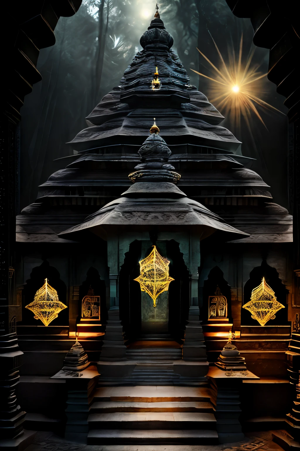 ((best quality)), (detailed), evil decor, effrayant, dieu Inde, nuit, smoke, Haunted Forest, India, spirituality, Hindi, Hindou, temple Indien, temple Hindou, architecture parfaite, Sacred geometry, nombre d'or, architectural precision, dark monks