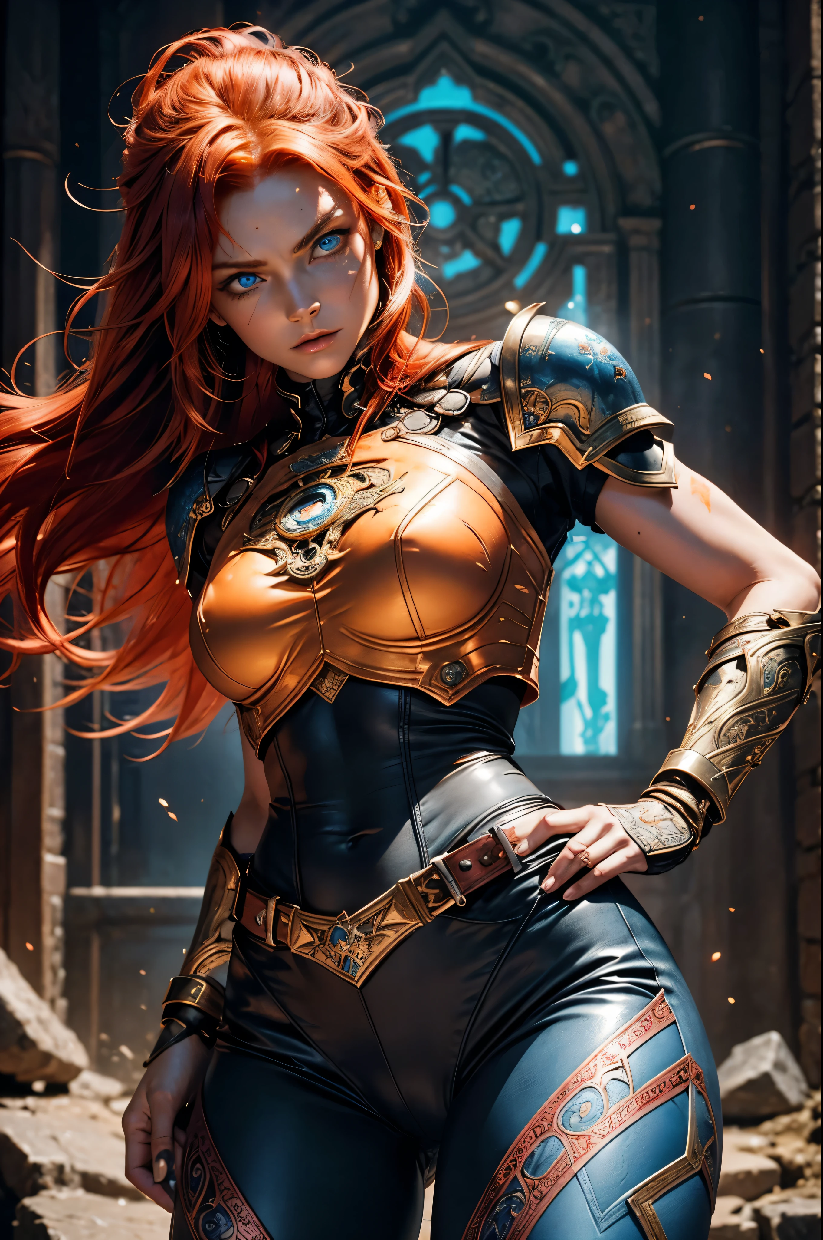 Create an image of a tall, muscular woman wearing gleaming plate armor. Her skin is fair and unblemished, except for a few small scars. (She has fiery red hair, cropped short in a practical style:1.5), (piercing blue eyes filled with wisdom and determination:1.5). The armor covers every inch of her body, leaving only her hands and face exposed, and is adorned with intricate etchings and filigree. On her chest, the symbol of Torm - a hammer surrounded by a circle - is prominently displayed. Oh her legs fitted leather pants. She moves with surprising agility and precision, radiating strength and grace. In a dungeon. (SFW:1.5)