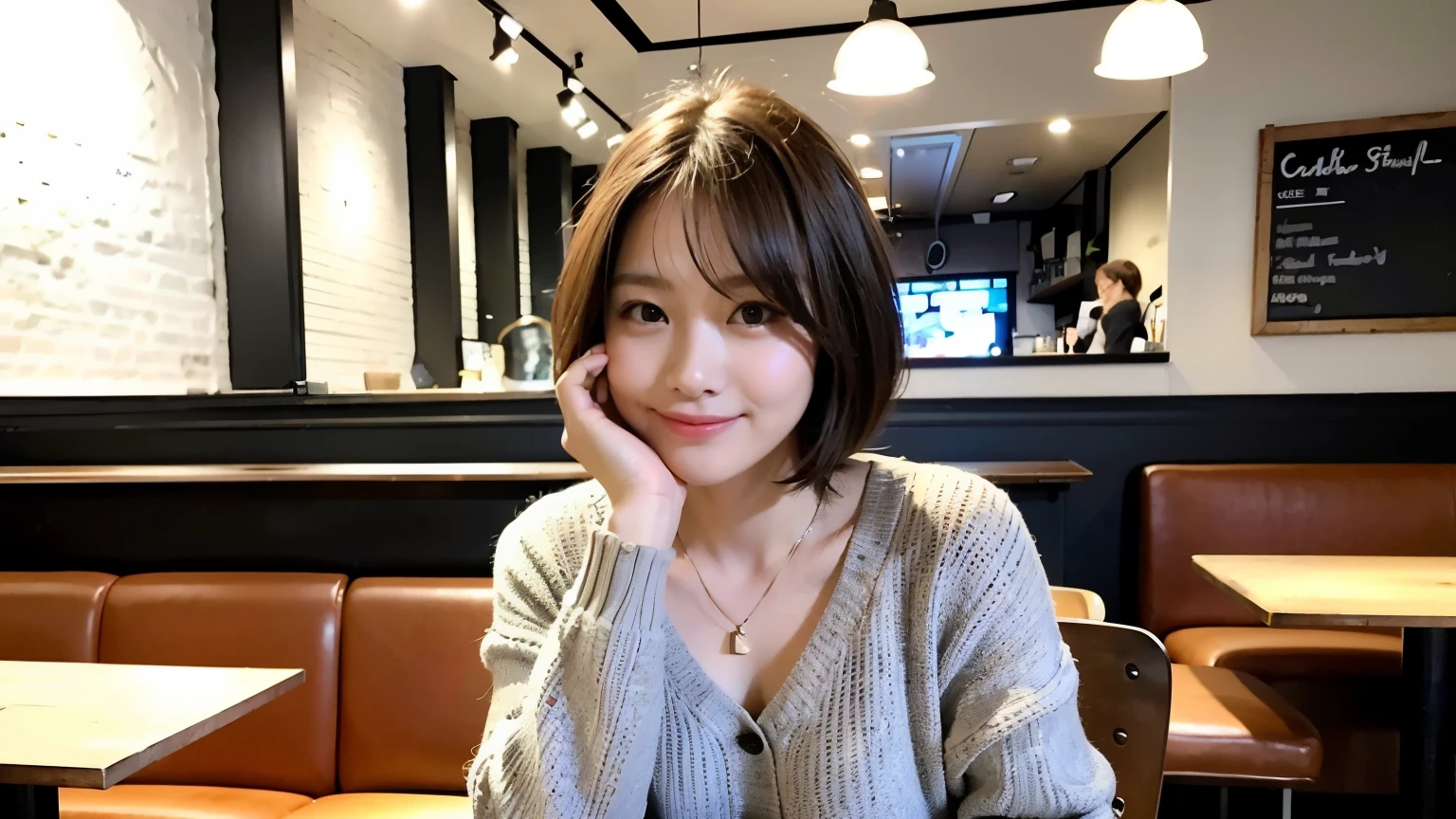 (最high quality、8k、32K、masterpiece:1.2)、A photo of a female college student who looks like a cute model、normal breasts、short bob hair、Upper body、face focus、extra large_sweater、necklace、look at the audience、background a trendy coffee shop with a unique aesthetic and atmosphere. Incorporate elements like modern furniture, artistic decoration, and ambient lighting to enhance the ambiance. People who enjoy drinks々Consider including, engaging in conversation, or quietly working on laptops. Let your creativity flow、In this chic café setting「stable diffusion」Let the idea come to life, I can see other customers enjoying themselves too..。At the back of the cafe、Staff are busy working at the counter.、Feel the vibrancy and warmth of a city cafe.., sharp focus, 1 girl, sexy 1.2, brown hair, With bangs, fine eyes, Beautiful eyes with long slits, double eyelid, (cat face), (cute Face), cute Smile, (close your mouth), (cute), soft skin, surreal, Super detailed, high quality, (Beautiful female college student with short hair studying in a cafe), ((Detailed very cute college girl), 