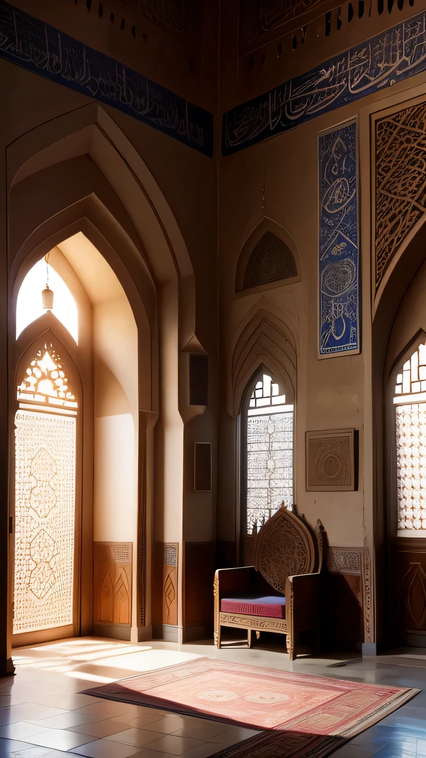 Great moroccan mosque interior throne, natural light, islamic calligraphy