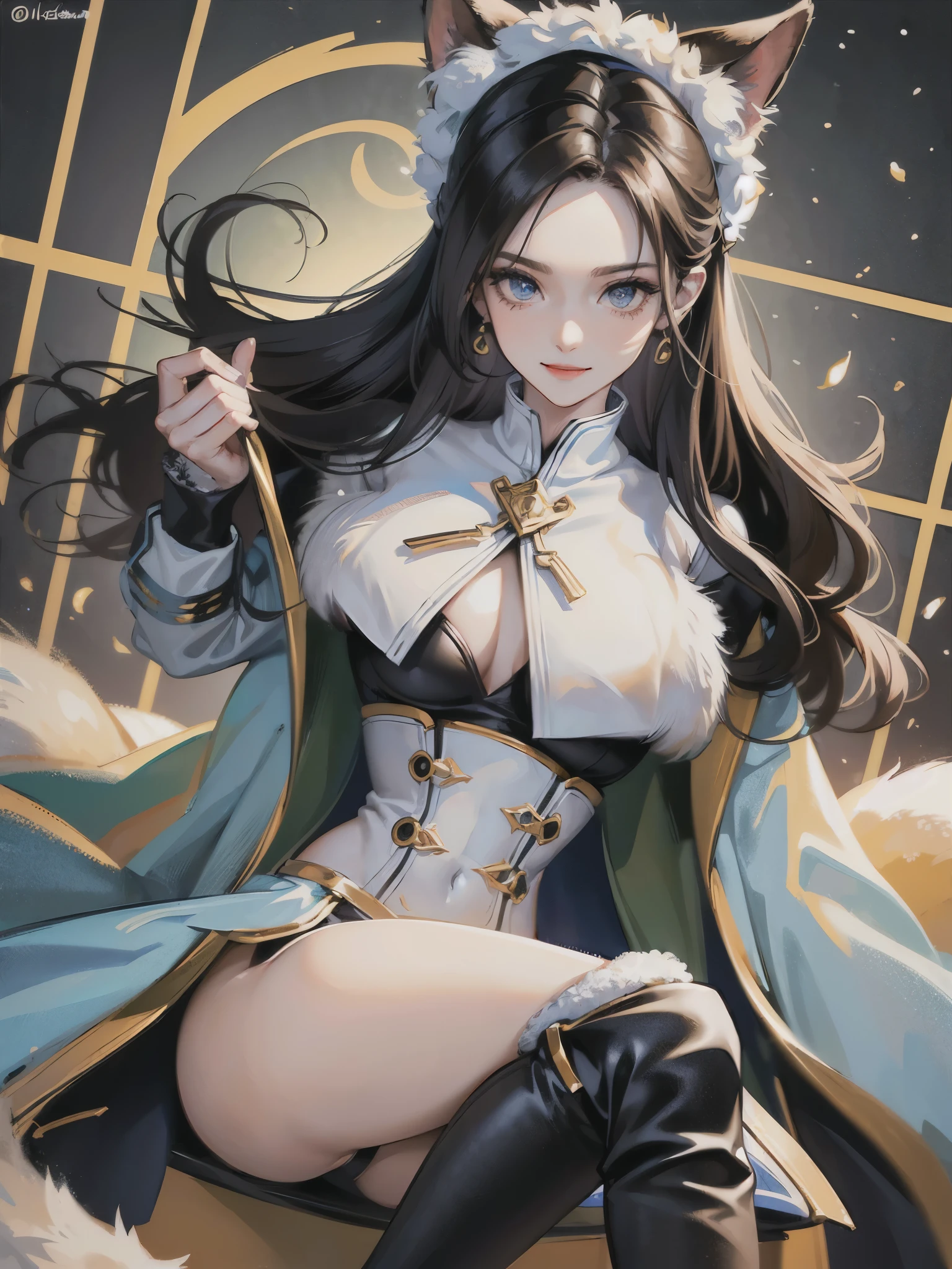 ((highest quality)),(ultra high resolution),(Super detailed),(detailed description),((best CG)),(best work of art),super precision art,amazing drawing art,(Art with precise details:1.5, (woman:1.6),(beautiful and well-shaped face:1.6),(A long coat with detailed fur:1.6),(smile:1.4),(chic tops:1.4),big breasts:1.6,thin waist:1.4,Beautiful leg lines:1.3,(Knee-high boots:1.4), snow covered square:1.8