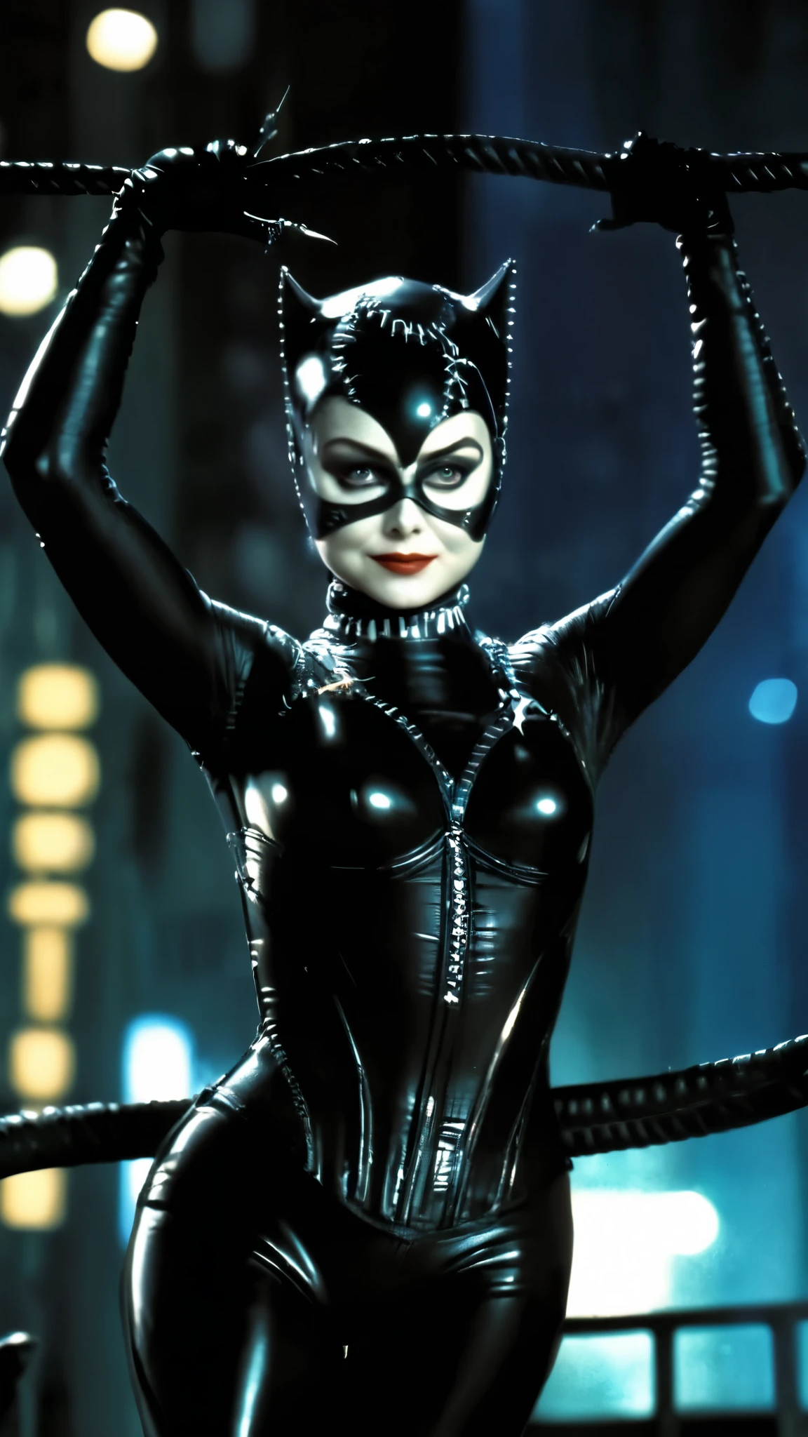 cinematic film still of full body Catwoman seduction woman in a catwoman costume is being held up by a man tim burton style,1girl,Catwoman-1992, sit femdom pose, looking at viewer, city, night, highly detailed , photography, ultra sharp, film, bokeh, professional, 4k 