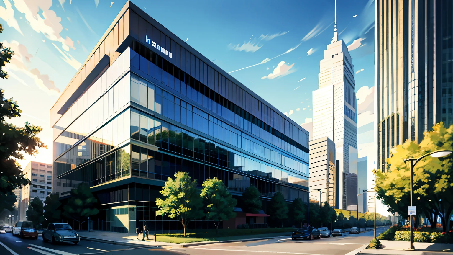 Beautiful and modern condo building, sleek design, tall structure, glass windows reflecting the sun, green lush vegetation surrounding, blue sky with scattered clouds, high-definition, realistic rendering, clean lines, intricate details, dark shadows creating contrast, sun casting warm light on the facade, vibrant colors, ultra-detailed textures, 4K resolution, HDR lighting, professional quality, dynamic perspective.