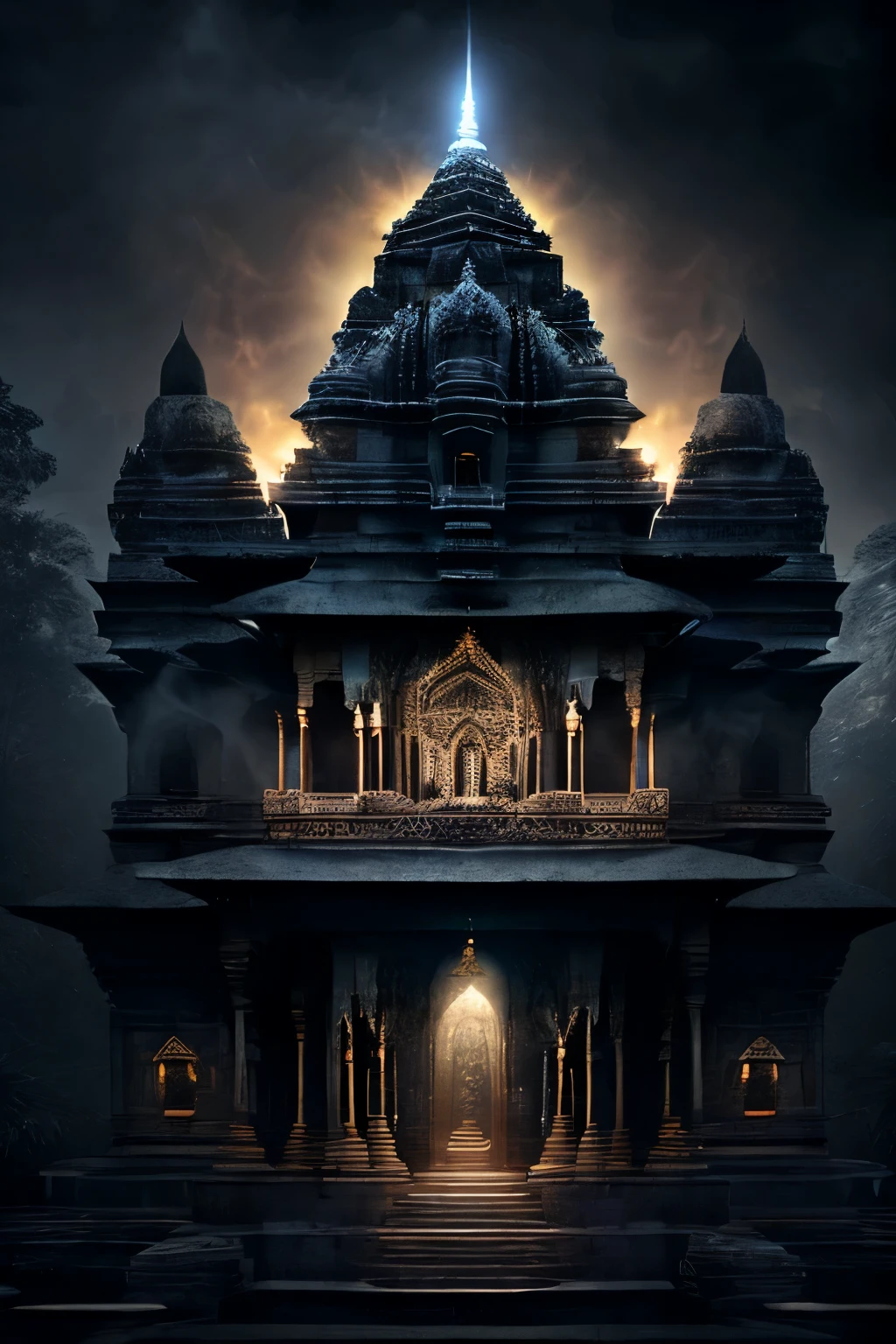 ((best quality)), (detailed), evil decor, effrayant, dieu Inde, nuit, smoke, Haunted Forest, India, pyramides, spirituality, Hindi, Hindou, temple Indien, temple Hindou