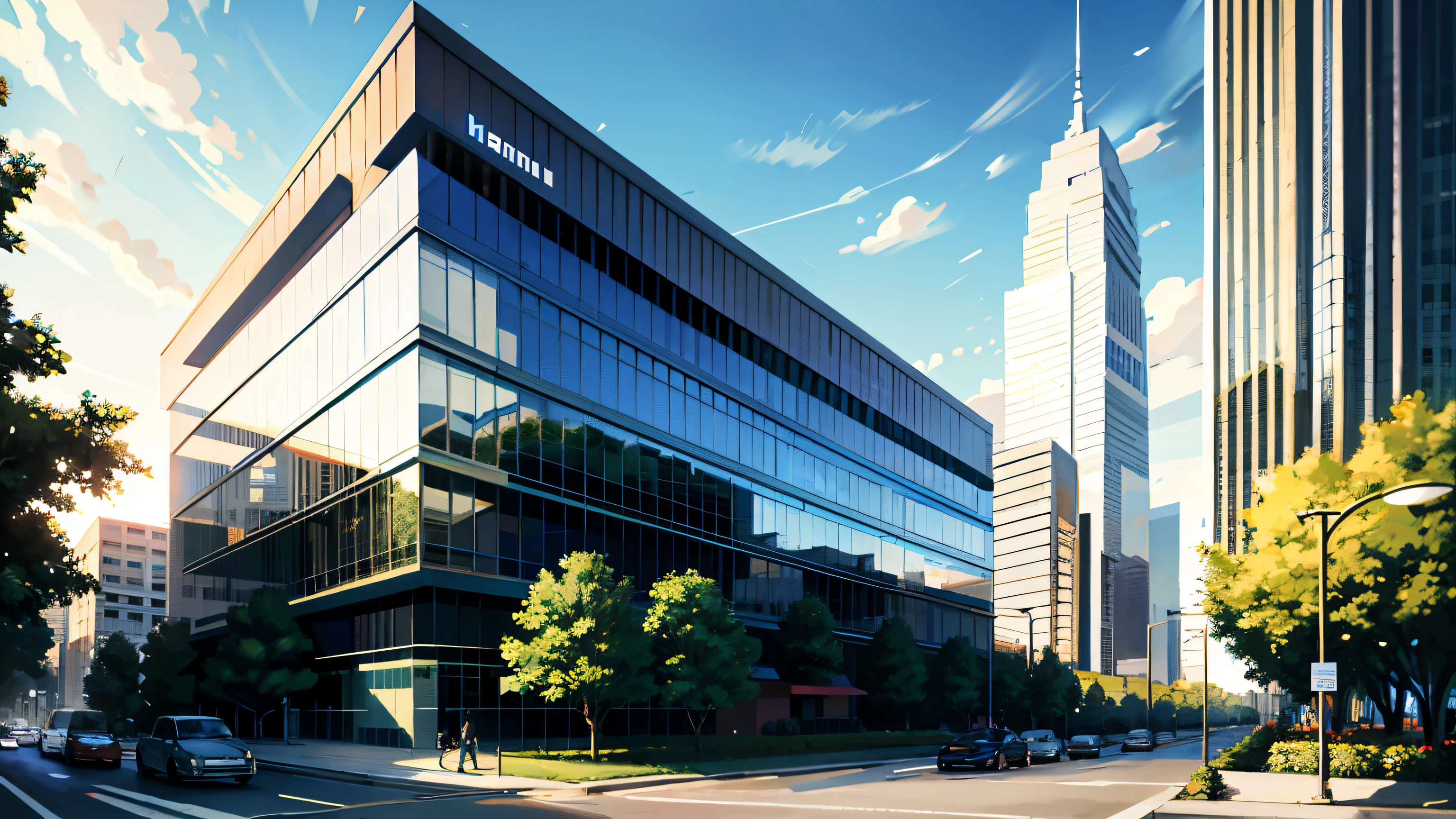 Beautiful and modern condo building, Sleek design, Tall structure, Glass windows reflect sunlight., Lush greenery surrounding, The sky was blue and there were scattered clouds., high definition, Realistic display, clean lines, complicated details, Dark shadows that create contrast, The sun cast a warm glow on the front., bright colors, Highly detailed textures, 4K resolution, HDR light, Professional quality, Dynamic view.