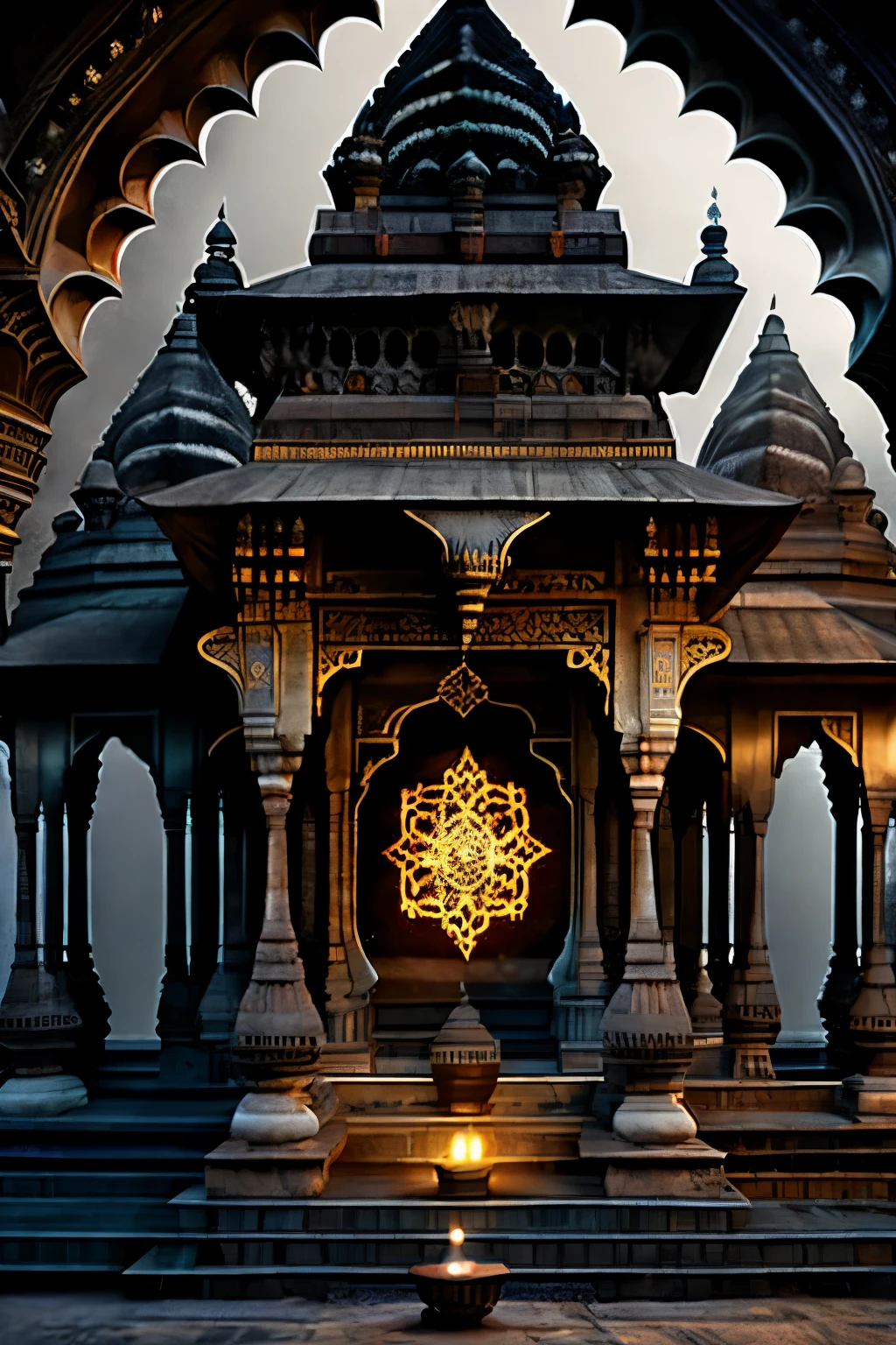 ((best quality)), (detailed), evil decor, effrayant, dieu Inde, nuit, smoke, Haunted Forest, India, spirituality, Hindi, Hindou, temple Indien, temple Hindou, architecture parfaite, Sacred geometry, nombre d'or, architectural precision, dark monks