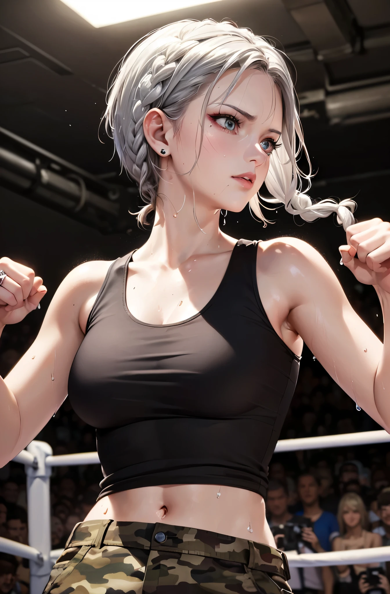 (masterpiece:1.5),(best quality:1.5),(8K:1.2)、(ultra detailed:1.2),(realistic:1.3),(ultra high resolution:1.2),(highest detailed and realistic skin:1.3),(highest detailed and beautiful slant eyes:1.2),(in the underground fighting arena:1.3),(spotlight:1.2),(high kicking:1.3),(slender body girl:1.2),(beautiful eye liner),(beautiful eye shadow),natural color lip,(white tank top:1.3),(dark camouflage cargo pants:1.3),break,(silver asymmetric short side braid medium hair:1.3),break,(medium breasts),break,ring earrings,(serious),(sweat:1.2),(wet:1.0),(a lot of spectators:1.3),