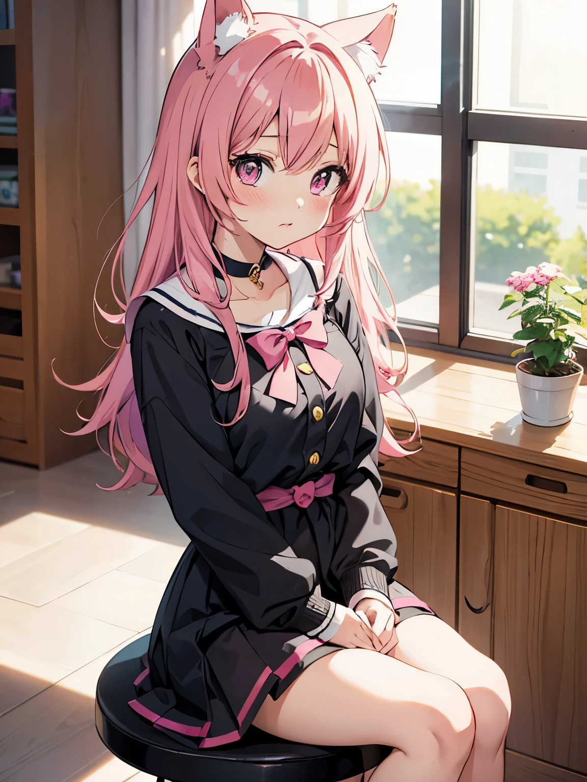 anime girl with pink hair and pink bows sitting on a black stool, anime moe artstyle, cute anime girl, an anime girl, guweiz, anime girl, cute anime catgirl, anime visual of a cute girl, demon anime girl, anime girl with cat ears, young anime girl, sh, (anime girl), white cat girl, pretty anime girl