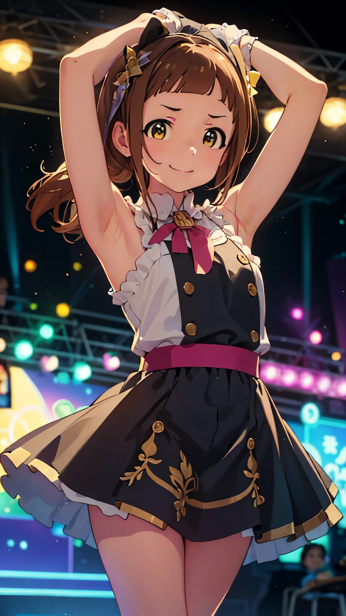 best picture quality, 8K, high quality, masterpiece:1.2), ((masterpiece)), (high detail, high quality, best picture quality), bokeh, DOF, Portrait, open stance, (cute illustration:1.2), (idolmaster), (idol gorgeous costume), (ichihara nina:1.2), perfectly balanced anatomy, sleeveless, detached sleeve, both arms (behind head, armpits:1.3), detailed eyes, cute round face, embarrassed, smile