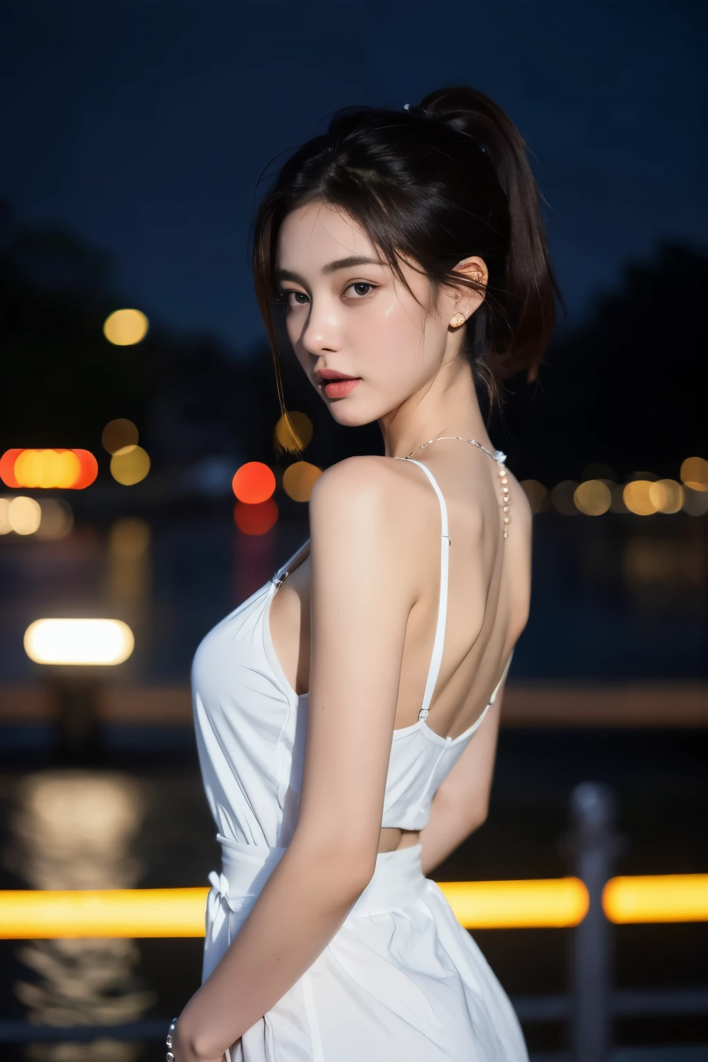 from side, hip up,((addielyn)), side pose, Random posture, night time, (An extremely delicate and beautiful work), (masterpiece), 1girl, streetwear, highly detailed, ponytail contorted, charming expression, beautiful and clear eyes, blue eye pupil, delicate pearl necklace, delicate earrings, simple blurred background, extreme detail description, beautiful, charming, ultra-fine painting, delicate face, delicate figure, Fine collarbones, lovely lips, soft behind, mix4,(8k, RAW photo, best quality, masterpiece:1.2), (realistic, photo-realistic:1.37),1girl,cute,cityscape, night, rain, wet, professional lighting, photon mapping, radiosity, physically-based rendering, above waist,