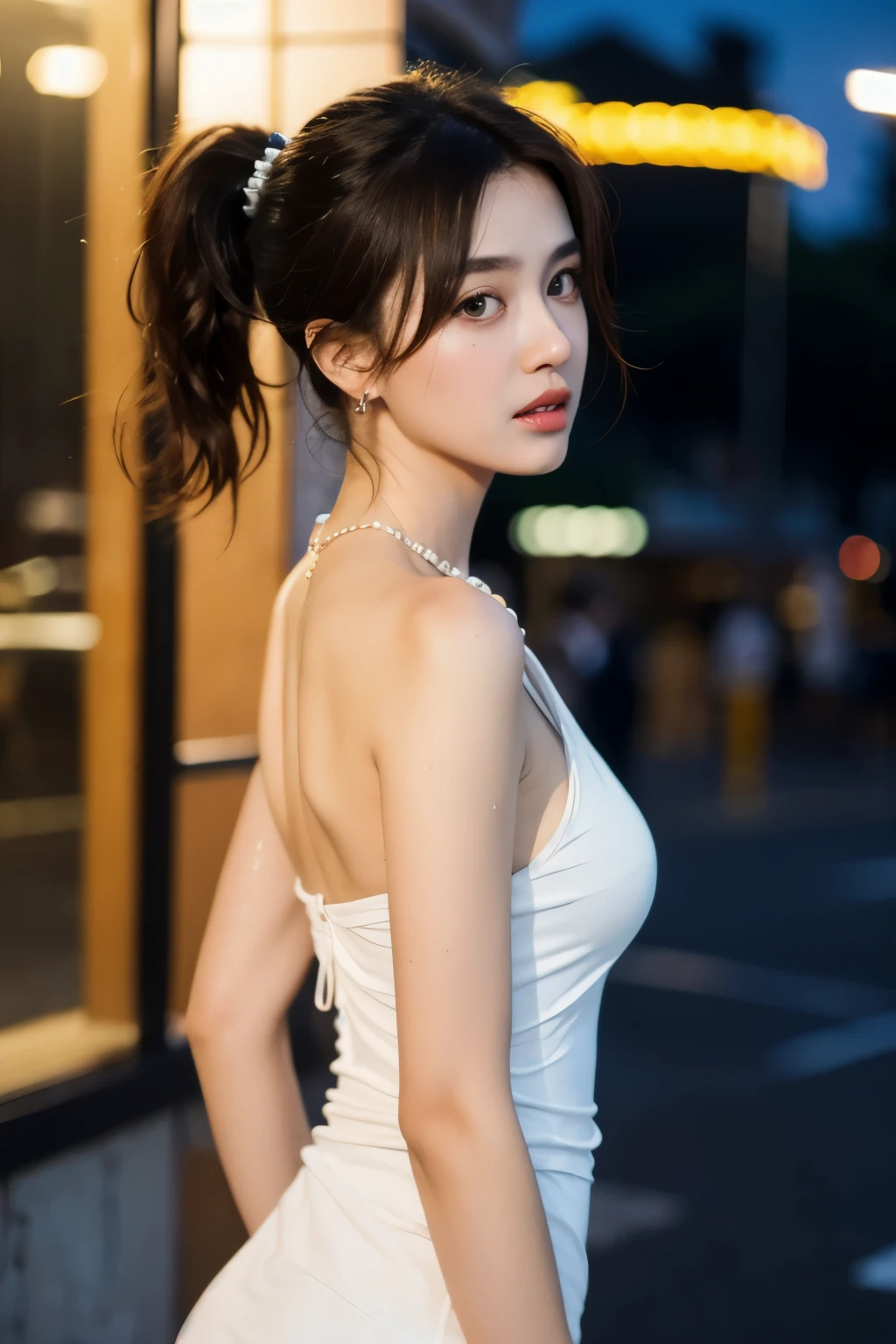 from side, hip up,((addielyn)), side pose, Random posture, night time, (An extremely delicate and beautiful work), (masterpiece), 1girl, streetwear, highly detailed, ponytail contorted, charming expression, beautiful and clear eyes, blue eye pupil, delicate pearl necklace, delicate earrings, simple blurred background, extreme detail description, beautiful, charming, ultra-fine painting, delicate face, delicate figure, Fine collarbones, lovely lips, soft behind, mix4,(8k, RAW photo, best quality, masterpiece:1.2), (realistic, photo-realistic:1.37),1girl,cute,cityscape, night, rain, wet, professional lighting, photon mapping, radiosity, physically-based rendering, above waist,