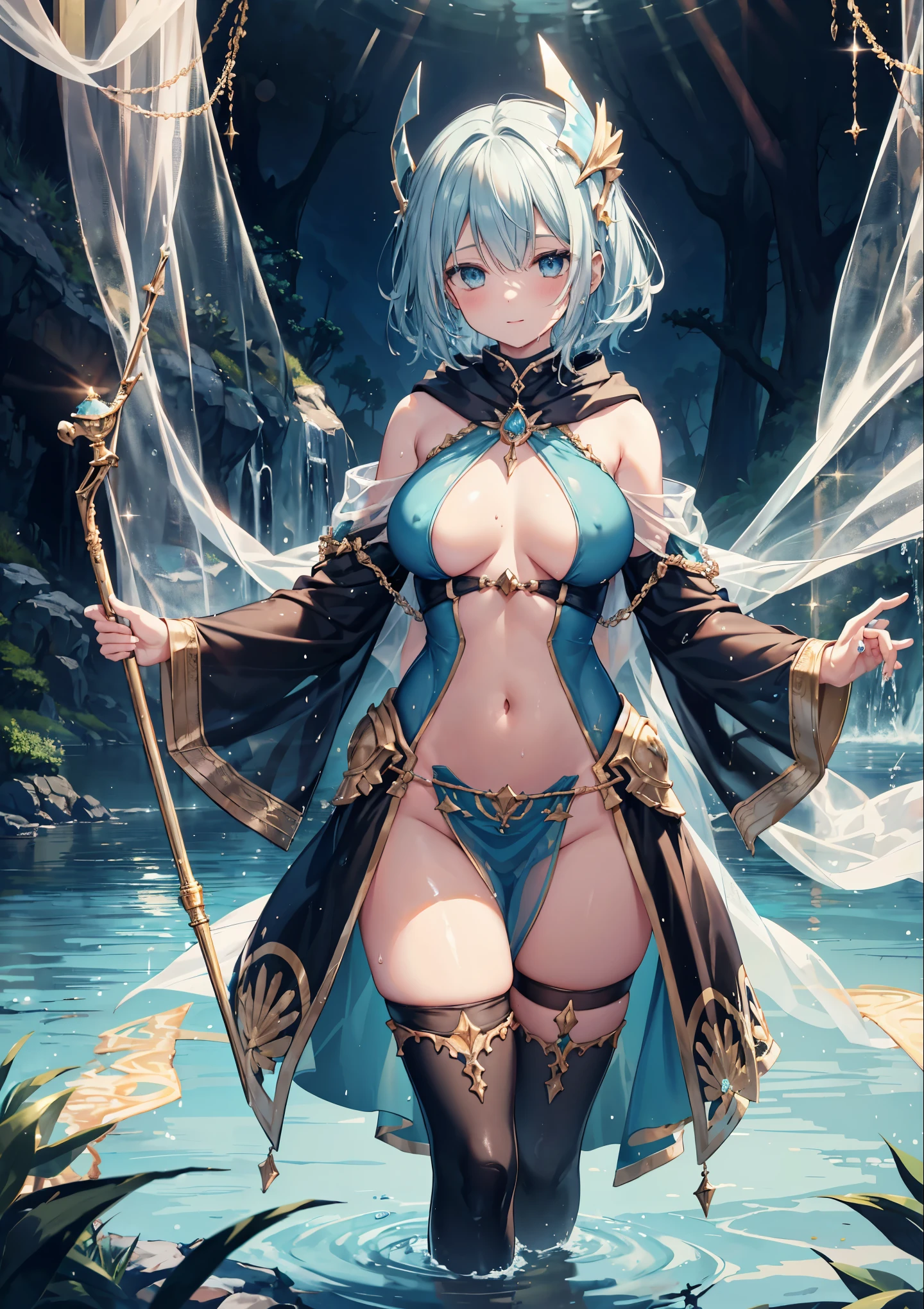 fantasy, 1lake_elemental_girl,(right_skin:0.9), (using_water_clothes:1.1), water,(wet:1.2),see-through_clothes_covered_breasts, see-through_clothes_covered_pussy,covered_nipples,(soft_large_tits:1.1), walking, smile,half_eyes, sleepy, medium_up_style_hair, navel oil, (water_around_torso:1.1), pondside_background, gold_headgear, aquablue_cloak, spread_arms, large_staff, slender_thighhighs,solo,(pelvic_curtain:1.2), tabard,(plump:0.7),cowboyshot,(open_legs:1.4),pussy,splash