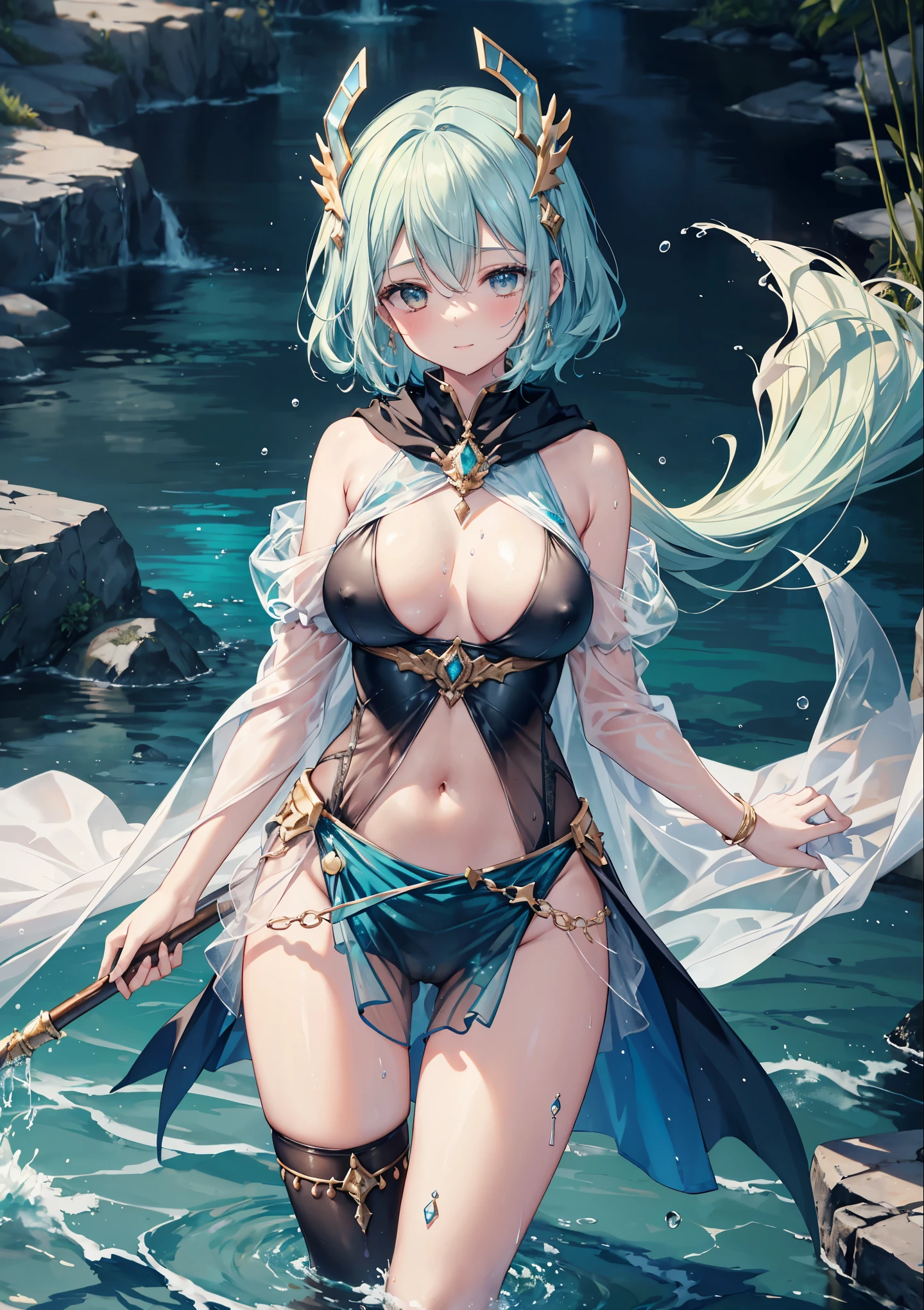 fantasy, 1lake_elemental_girl,(right_skin:0.9), (using_water_clothes:1.1), water,(wet:1.2),see-through_clothes_covered_breasts, see-through_clothes_covered_pussy,covered_nipples,(soft_large_tits:1.1), walking, smile,half_eyes, sleepy, medium_up_style_hair, navel oil, (water_around_torso:1.1), pondside_background, gold_headgear, aquablue_cloak, spread_arms, large_staff, slender_thighhighs,solo,(pelvic_curtain:1.2), tabard,(plump:0.7),cowboyshot,(open_legs:1.4),pussy,splash