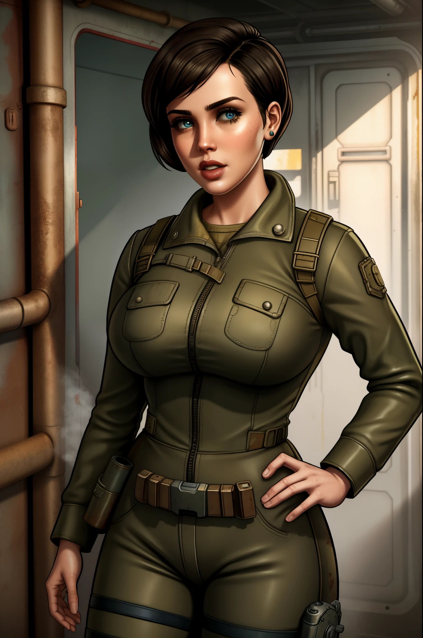 Caucasian woman brown skinned, Nazis big and snub, short hair.