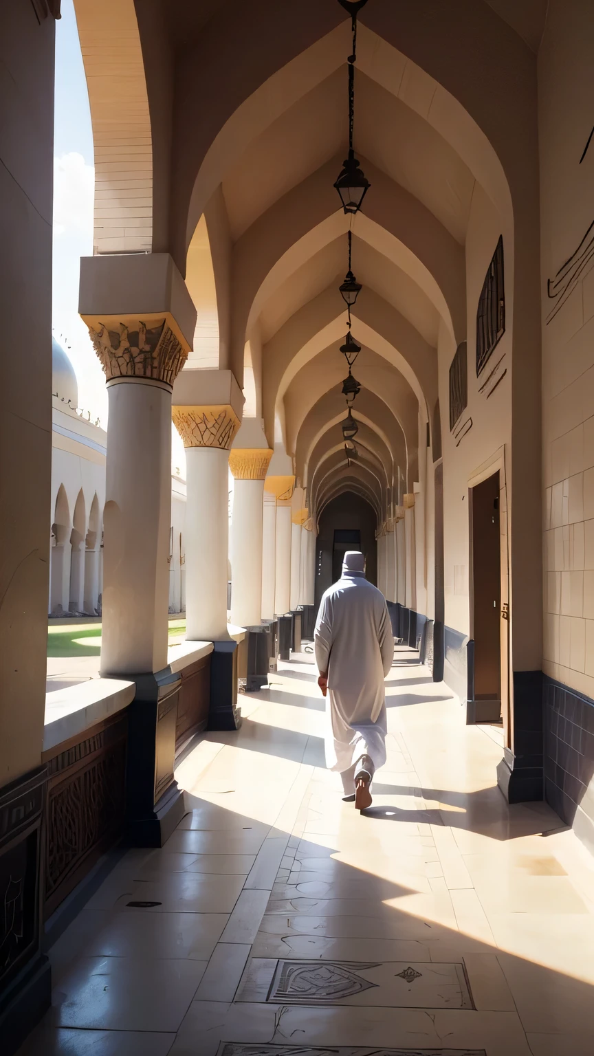 muslim man, walking towards mosque, back view, between gardern