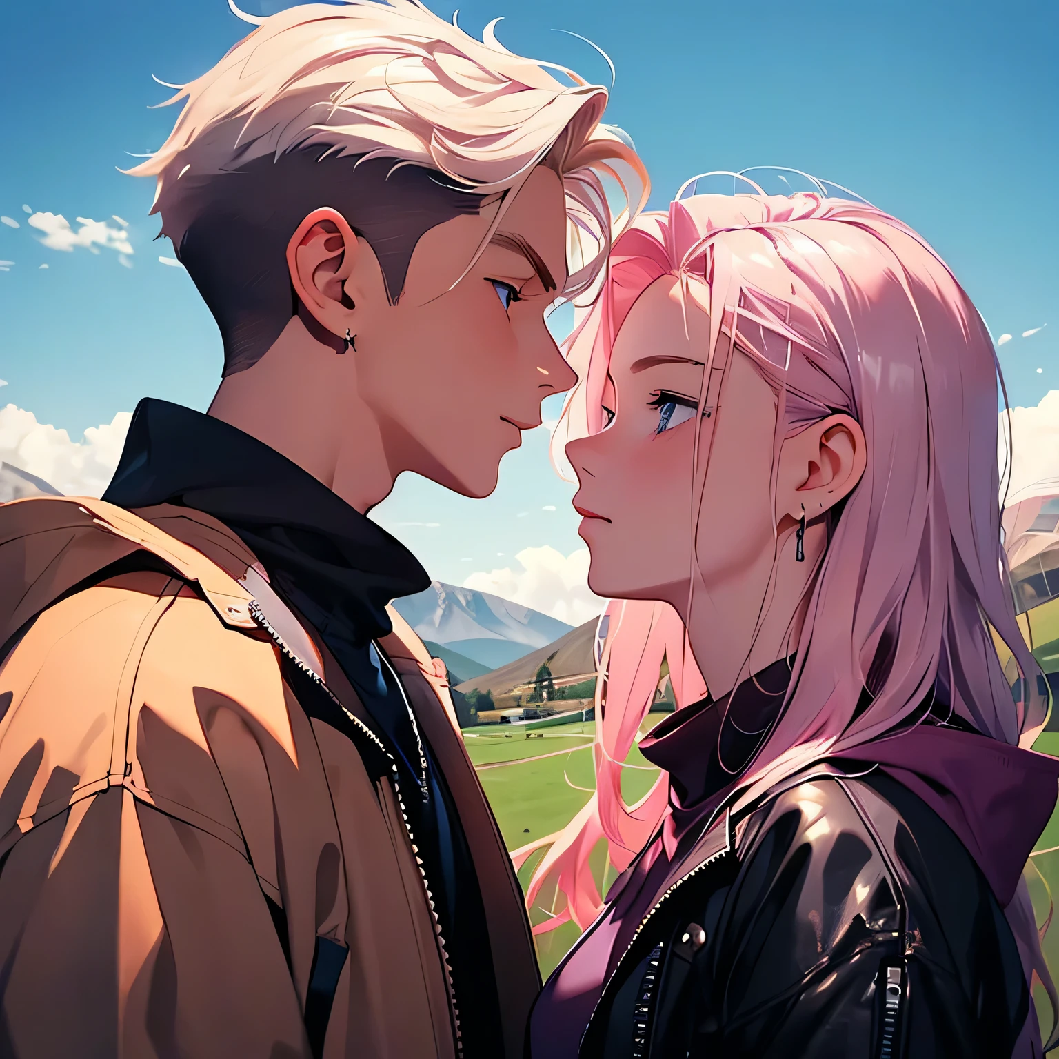 2 characters. portrait. A young guy with blond golden hair and blue eyes in a brown sweatshirt leaned his forehead against a short beautiful girl with pink hair and blue eyes., in a black leather jacket and purple top. passion, desire, very strong feelings. They look at each other. Against the backdrop of mountains and fields, Rivers and lakes. Beauty.