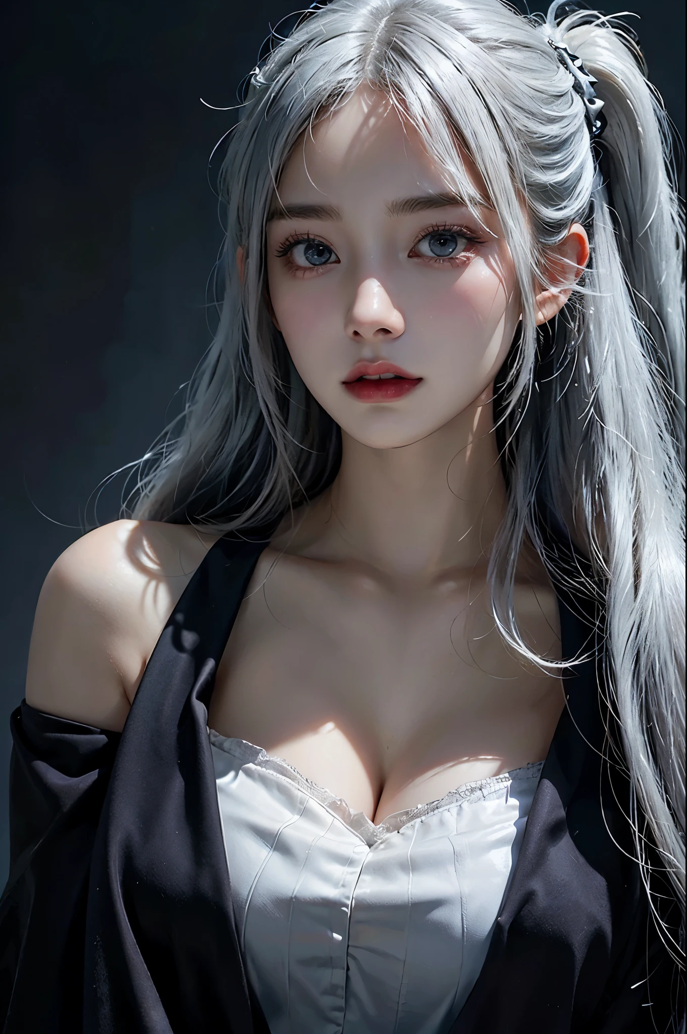 A caucasian female, ethereal beautiful vampire, mouth with large white fangs, beautiful lighting, masterpiece, horror, blood, gore, blue long hair, volumetric lighting, 4k, jinx & Vi from arcane, perfect composition, beautiful detailed intricate insanely detailed octane render trending on artstation, 8 k artistic photography, photorealistic concept art, soft natural volumetric cinematic perfect light, chiaroscuro, award-winning photograph, oil on canvas, dripping paint, luis royo, caravaggio, beeple, beksinski, giger, black and white, realist style, long fangs