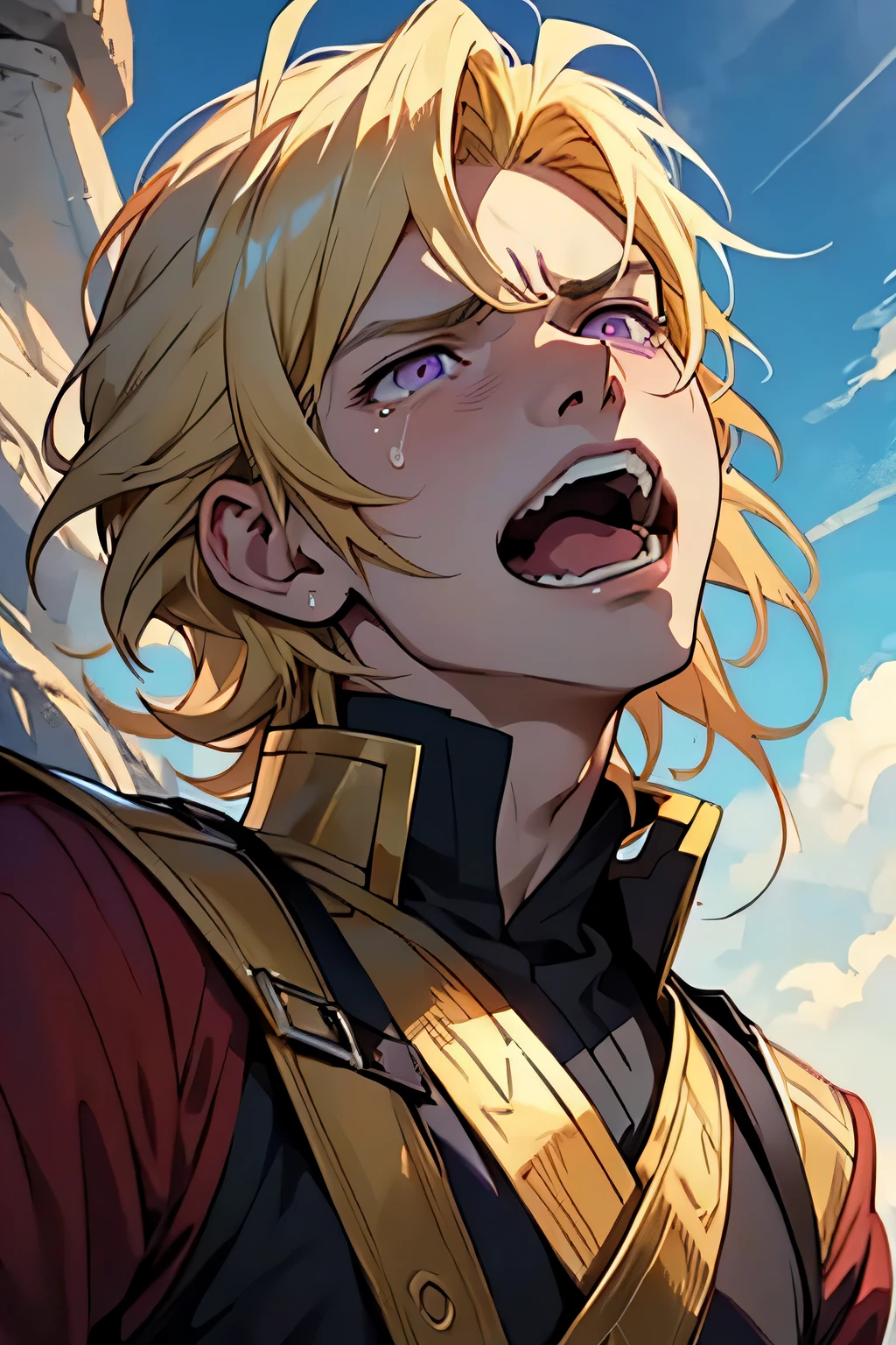 anime - being grabbed by a dragon, scared face, shocked face, crying face, scared, tears, mouth open, screams, squinting, screaming, mouth wide open, open mouth, yelling, pointing at the sky with hand, pointing forward, looking at the sky, looking up, style image of a young prince with purple eyes and blonde hair, blonde hair, blonde hair, male prince, beautiful male prince, a male prince, portrait of a young prince, handsome guy in demon slayer art, male, young, beautiful androgynous prince, smirk, artwork in the style of guweiz