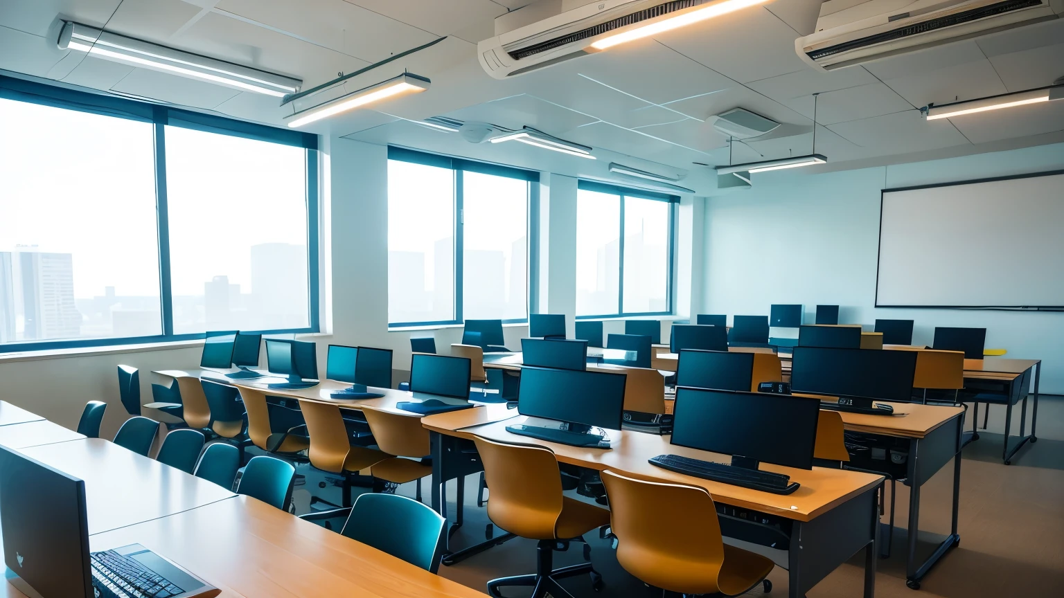 A modern and spacious computer classroom, illuminated by natural light filtering through large windows,anceset-lenses-for-cancelles:hammer-and-pincet-symbol:tech:room-with-lines, clutter-free with students intently focused on their computer screens, each one dressed in casual attire, fingers dancing on keyboards, wires and cables neatly organized, whiteboards displaying complex equations and coding, projector screen displaying a slideshow presentation, air conditioning humming softly in the background, high-definition monitors and screens, 4K, ultra-clear, state-of-the-art technology, students wearing headphones, hands-