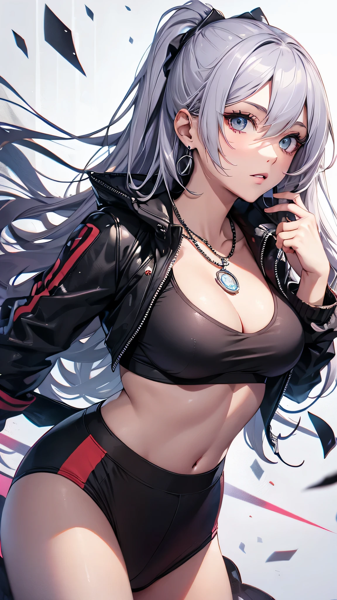 最high quality、best image quality、masterpiece、girl((20-year-old、 By becoming、vest bust、medium bust,wide open breast tea、shining eyes, silver hair、long hair、thin,highest valley、black sports bra、black sports pants、shoulder tattoo,diamond earrings、Wristband、black jacket、necklace、leaning forward、Guts pose)),high quality、beautiful art、background((white wall、cool doodles))、Flight、debris flies、Depth of written boundary、movie、visual art、perfect art、8K,genuine、Dynamic Performance