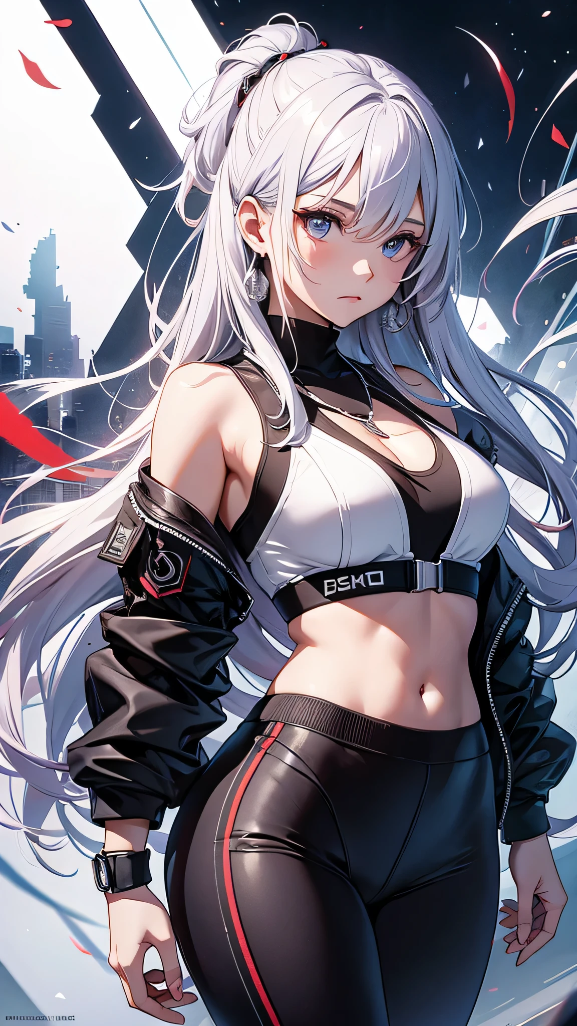 Highest quality、Highest quality、Masterpiece、girl((American、half、18-year-old、as soon as、Highest Bust、Medium Bust、Wide open chest、Red glowing eyes、Black Ear、Red Mesh、Disheveled Hair、Loincloth、thin、The best valley、Open chest、hair ornaments、Full body view、pants、Sports Bra、Random Pause))、high quality、Beautiful Art、background((military base))、flight、Flying Debris、Depth of text、movie、Visual Arts、Perfect Art、8K、Genuine、Special Angles