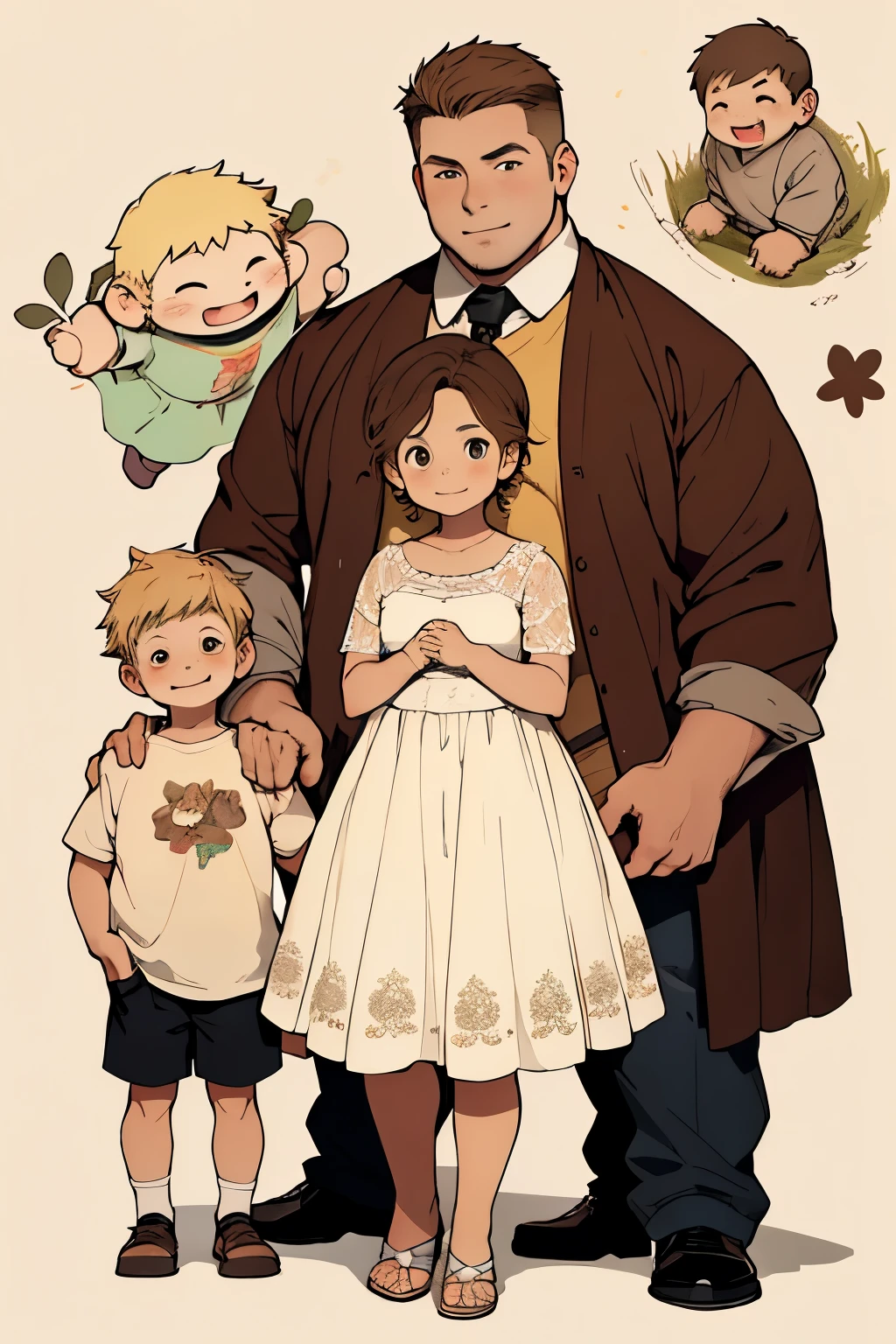 Draw a chubby mother in a dress with a 13 year old blond boy, a 12 year old brown haired boy, a 6 year old light brown boy and a 5 year old light brown boy.