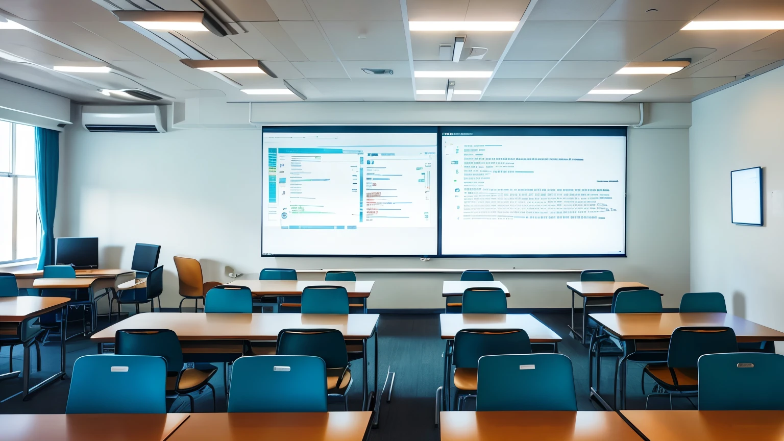 A modern and spacious computer classroom, illuminated by natural light filtering through large windows,anceset-lenses-for-cancelles:hammer-and-pincet-symbol:tech:room-with-lines, clutter-free with students intently focused on their computer screens, each one dressed in casual attire, fingers dancing on keyboards, wires and cables neatly organized, whiteboards displaying complex equations and coding, projector screen displaying a slideshow presentation, air conditioning humming softly in the background, high-definition monitors and screens, 4K, ultra-clear, state-of-the-art technology, students wearing headphones, hands-
