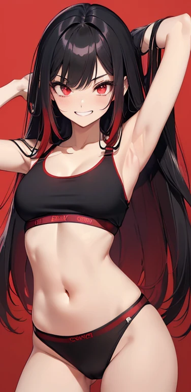 (8K、highest quality、masterpiece:1.2)、anime coloring、super resolution、Realistic、(1girl) 、(black hair to red hair gradient hair,long straight hair)、(contrapposto),(red eye),(forehead:1.2),(face focus,upper body),(black enamel sports bra:1.3,string enamel panties :1.3)、(grin:1.3),(cute face)、,(flat chest),gradient background、(slender:1.3)、