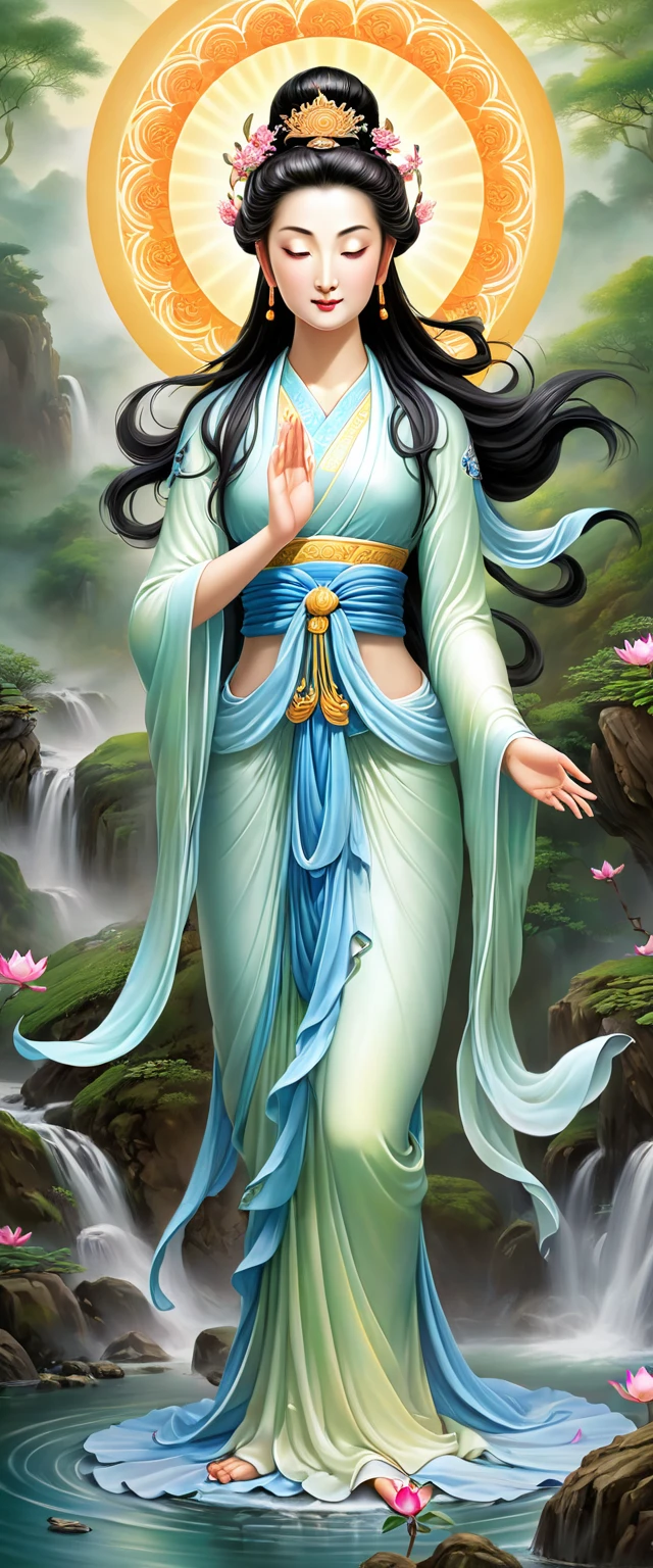 Channel the essence of compassion and mercy as you depict Kuan Yin, the revered Bodhisattva of compassion, in a transcendent work of art. Join forces with renowned artist Guan Zeju to embody Kuan Yin's boundless compassion and wisdom. Utilize soft, gentle lighting and serene brushstrokes to evoke a sense of tranquility and serenity, capturing Kuan Yin's role as a beacon of hope and healing in a troubled world --testpfx
