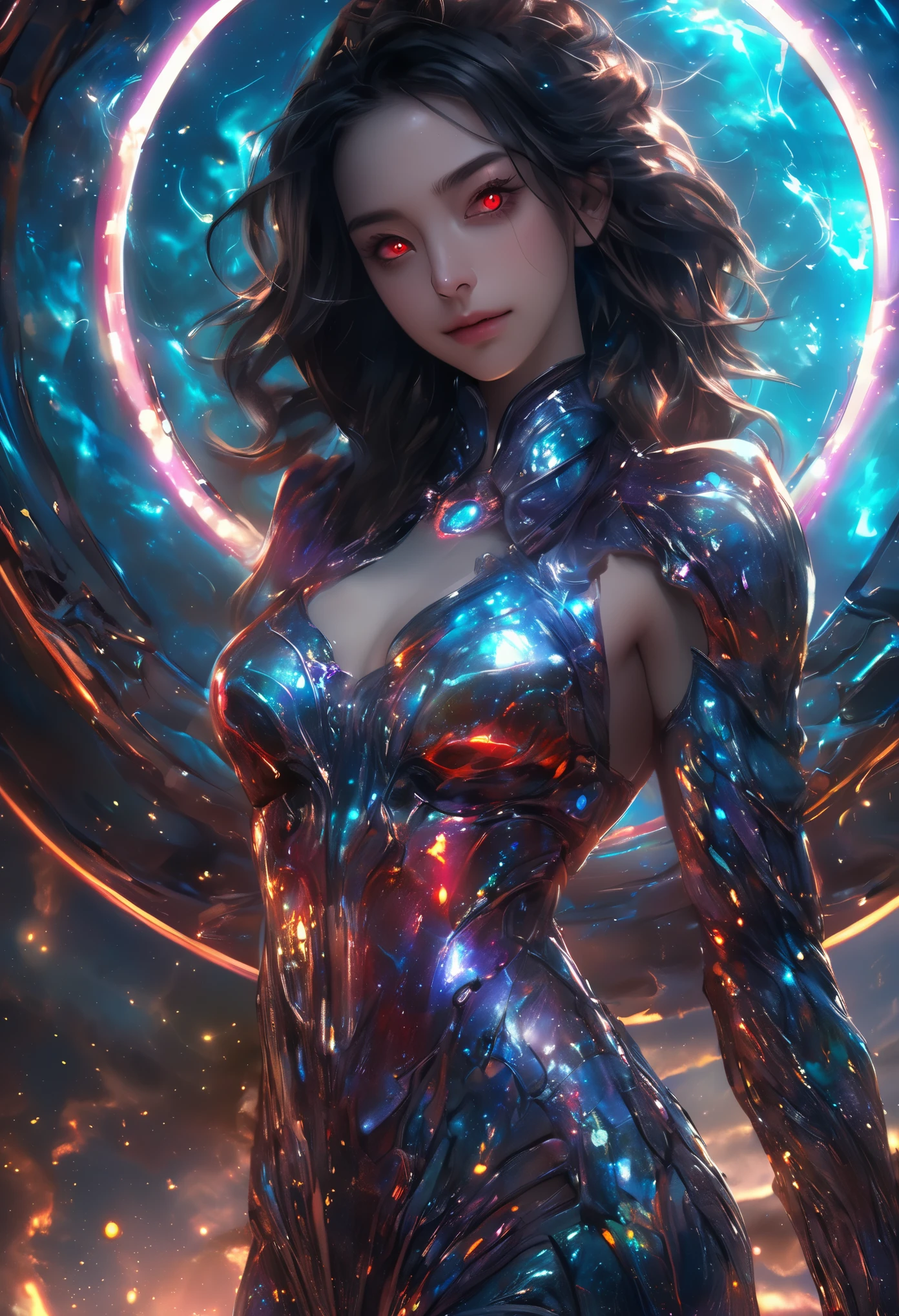 (1 beautiful teenage Italian girl),(wears iridescent bodysuit with beautiful fractal or marble design:1.5),(She wears gauntlets with a detailed and very beautiful design decorated with jewels:1.6), ((Shie is showing her armpits:1.6)), (erotic pose:1.6), (model pose:1.6), incredibly spectacular scene, ((high quality)), ((fantasy)), blue plasma brain, green plasma body, obscene, average, (despicable:1.2), (immoral:1.2), (Small breasts with beautifully raised pink areolas:1.5), (expression of ecstasy:1.2), hyper realistic photo, official art, Unity 8K Wallpaper, 8K portrait, high quality, very high resolution, (incredibly beautiful nature background:1.6), (18-year-old:1.5), (sexy and glamorous:1.1), (coquettish expression:1.6), (smile seductively:1.6), beautiful seductive face, portrait, (thick eyebrows:1.4), (big scarlet eyes:1.6), Beautiful eyes with high bilateral symmetry, (highly detailed eyes:1.4),(highly detailed face and eyes:1.7), (High resolution red eyes:1.8),  (Super detailed skin texture:1.4), super detailed pale skin, perfect anatomy, thin, (Beautiful muscular toned body:1.6), highly detailed jet black hair,  (moist skin:1.2), no makeup, (Bear:1.1), excellent anatomy, Focus plane, good looking, (emilia clarke:0.1) (emma watson:0.3),(jennifer connelly:0.24),  (A delicately crafted necklace is wrapped around her neck), (Bioluminescence with a brilliant glow:1.4), (Shining magic circle:1.5), ruins of an ancient castle, Shining majestic clouds and sky, lightning, spectacular realistic, (greg latkowski:0.8), (teal and orange:0.4), (art station:1.5), cinematic, (NSFW:1.6), dramatic light, (intricate details:1.1),Milky Way, (nebula:1.6), dark Knight, Focus on fully armored body