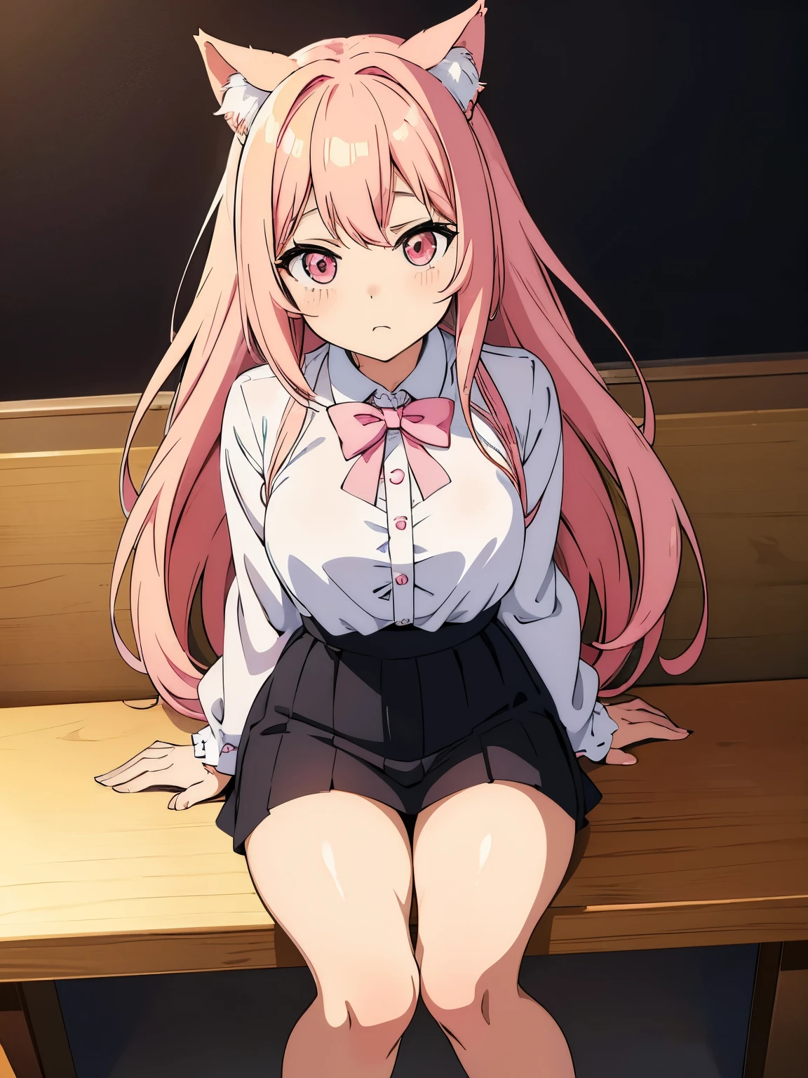 anime girl with pink hair and pink bows sitting on a black stool, anime moe artstyle, cute anime girl, an anime girl, guweiz, anime girl, cute anime catgirl, anime visual of a cute girl, demon anime girl, anime girl with cat ears, young anime girl, sh, (anime girl), white cat girl, pretty anime girl