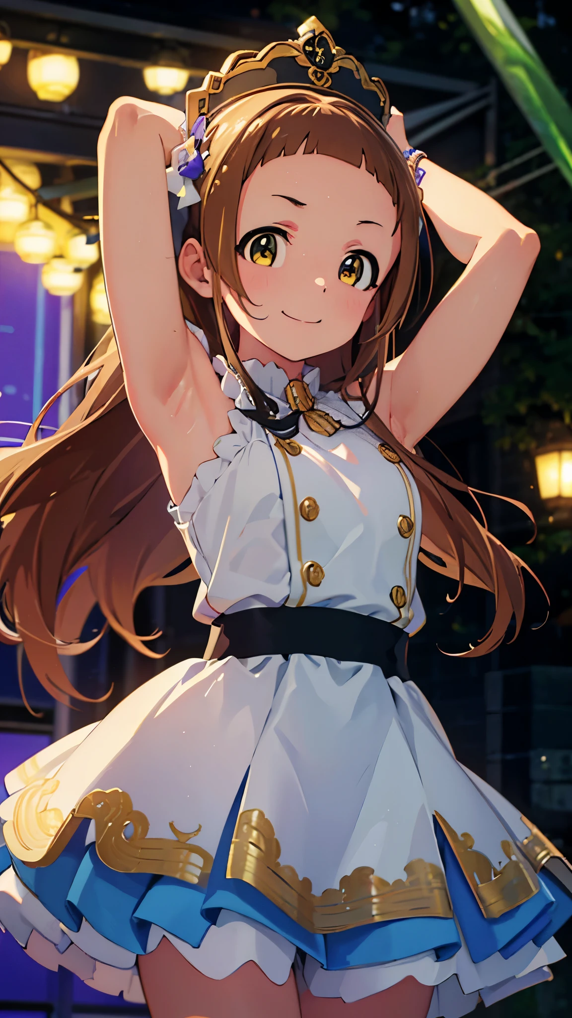 best picture quality, 8K, high quality, masterpiece:1.2), ((masterpiece)), (high detail, high quality, best picture quality), bokeh, DOF, Portrait, open stance, (cute illustration:1.2), (idolmaster), (idol gorgeous costume), (ichihara nina:1.2), perfectly balanced anatomy, sleeveless, detached sleeve, both arms (behind head, armpits:1.3), detailed eyes, cute round face, embarrassed, smile