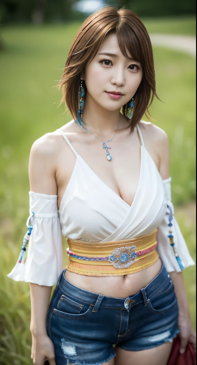 4K,masterpiece, highres, ultra detailed), 1 female, 28 years old, yuna of final fantasy x2, more mature looking, ((simple background)), plain dark background, ((nothing in background)), hyperrealistic, yuna's final fantasy costume, Yuna's original costume design in Final Fantasy X2, (((https://www.creativeuncut.com/gallery-01/ff10-2-yuna2.html))), tattered skimpy denim shorts, asymmetrical clothing features, sash on left hip, best clothing simulation, no collar, 1female, windy night, yuna's bob hair style, busty, cleavage, middle_breast, thicc body, smile, no dangling sleeves, close-up shot, full frontal shot, zoomed in shot, head to hips image scope, closed-mouth smile, head to hips, character facing and looking at camera, looking at you, YunaFFX, blue-beaded earring