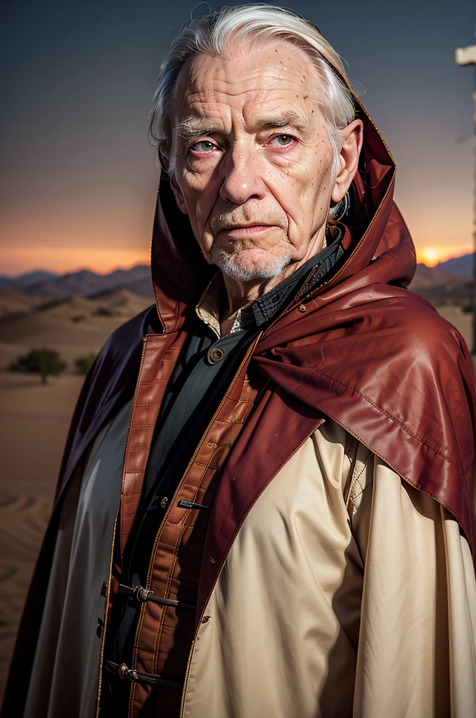 hyperrealism, photorealism, masterpiece, best quality, perfect detail, perfect lighting, professional photo, realistic photo, old man 100 years old, in a Sith costume, pale skin, red eyes, scary face, Sith cape, (dark hood, star wars universe, dark  desert, dim light, low light, muted color, gloomy atmosphere, depth of field, bokeh.