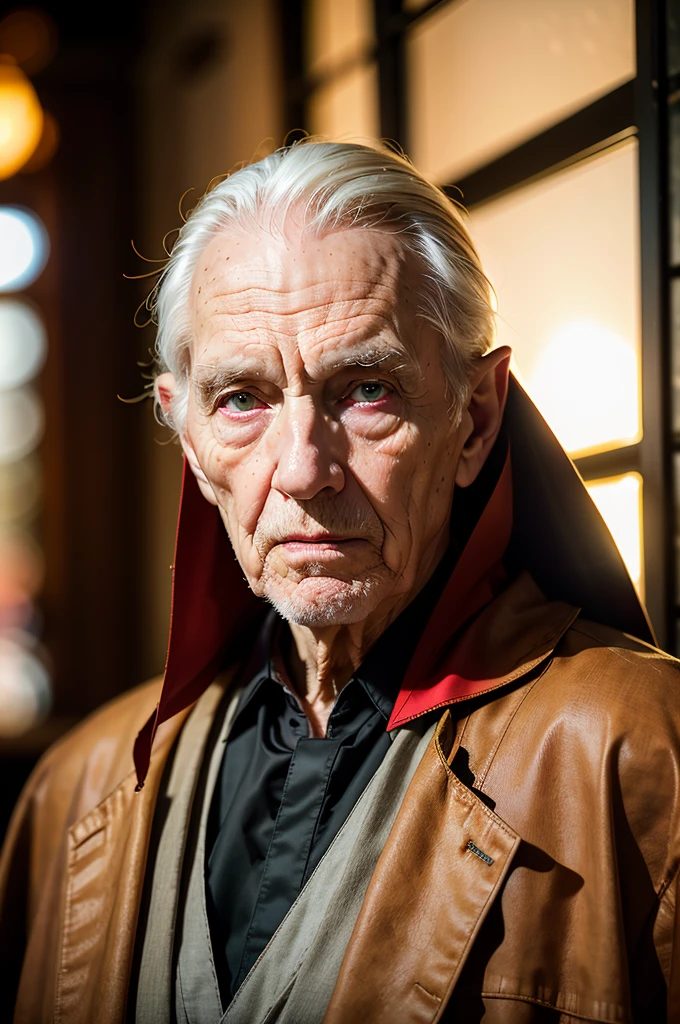 hyperrealism, photorealism, masterpiece, best quality, perfect detail, perfect lighting, professional photo, realistic photo, old man 100 years old, in a Sith costume, pale skin, red eyes, scary face, Sith cape, (dark hood, star wars universe, dark  desert, dim light, low light, muted color, gloomy atmosphere, depth of field, bokeh.