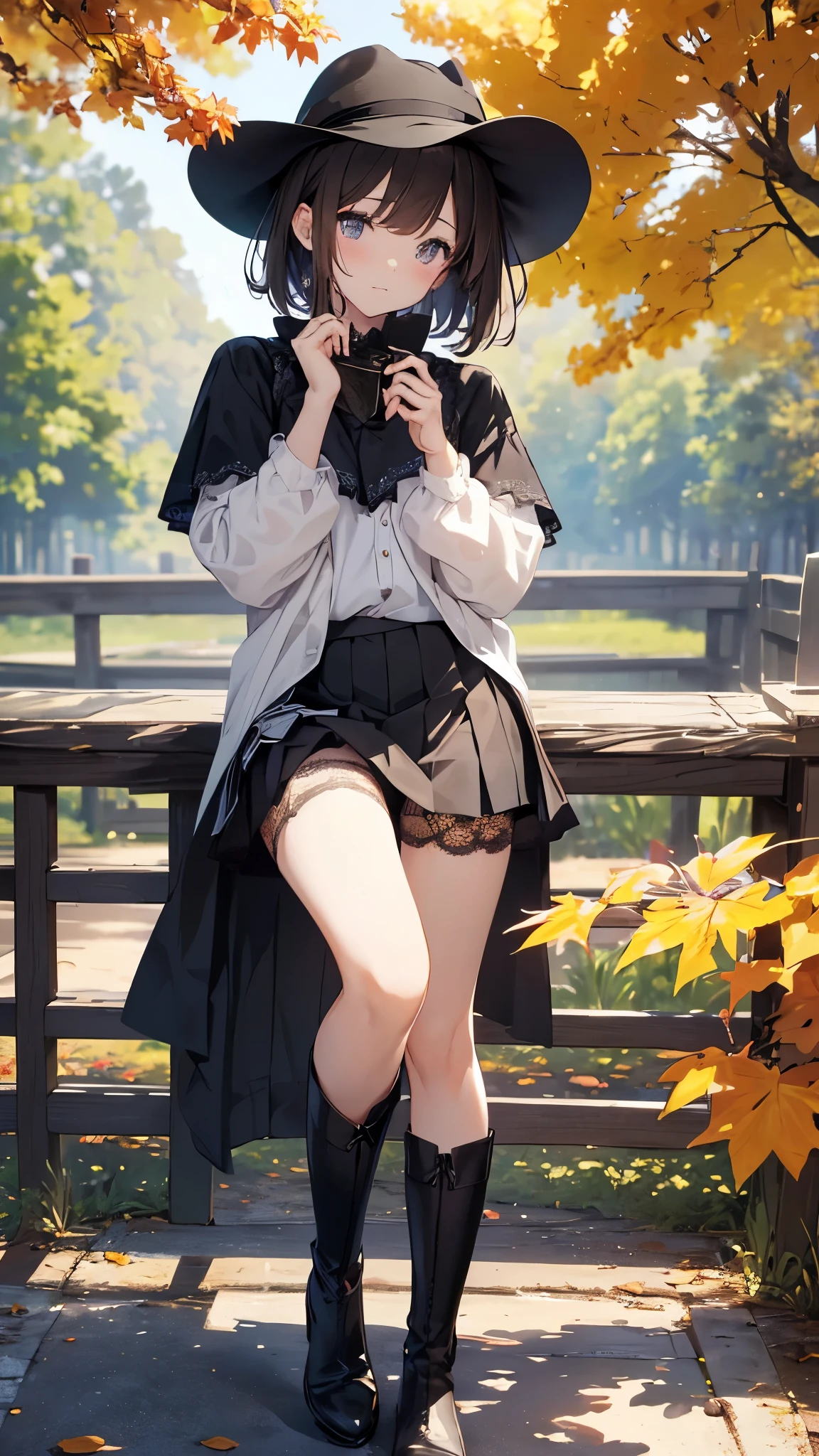 (highest quality、In 8K、32k、masterpiece、nffsw、超A high resolution、Impressionism、Photoreal:1.2)、cowboy shot、sharp focus、Detailed faces and eyes walking along a tree-lined avenue々group of, October, during butn, in butn, Golden autumn, golden leaves, butn season, trending photos, November, but, beautiful画像, beautiful美学, autumn, butn season, good day, in butn, !!beautiful!!)、sharp pupils、realistic student、beautiful顔、18 year old beautiful girl、shiny skin、very short hair、beautiful dark brown hair、dull bangs、dark blue eyes、cam plaid、black stockings、Knee-high boots、hat、(hold the skirt、Skirt up、I can see her white lace panties:1.4)、(I need to hurry、Watery eye、embarrassed look:1.2)、