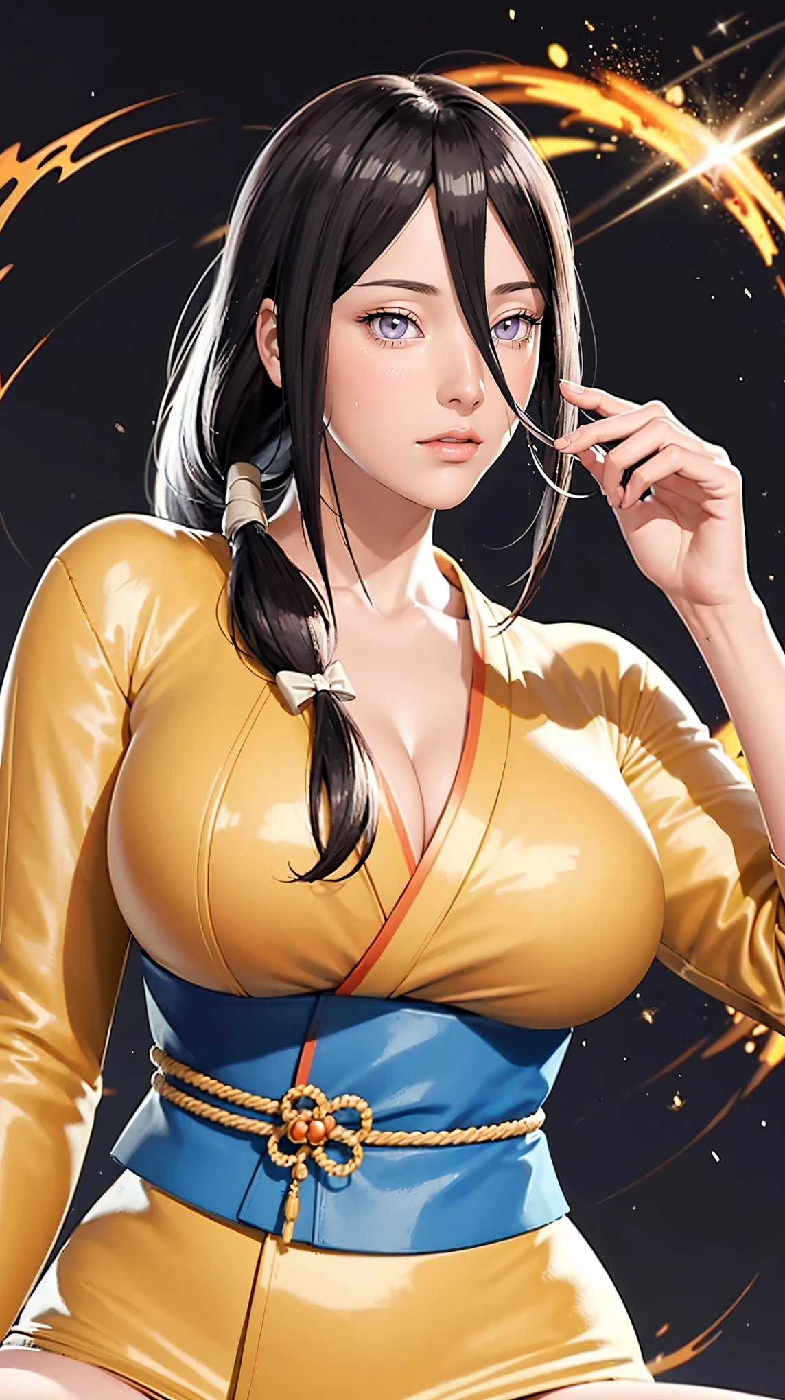 (((完美figure,figure,orange kimono, obi,hakama skirt,hana,flame print kimono,(((hyuuga hanabi,low tied long hair,hair bow,Light blue pupils))),S型figure:1.7))),((masterpiece)),high resolution, ((Best quality at best)),masterpiece,quality,Best quality,((( Exquisite facial features,looking at the audience,There is light in the eyes,Happy,nterlacing of light and shadow,))),(((looking into camera,black background,jack-o' challenge, flexible, spread legs, top-down bottom-up)))