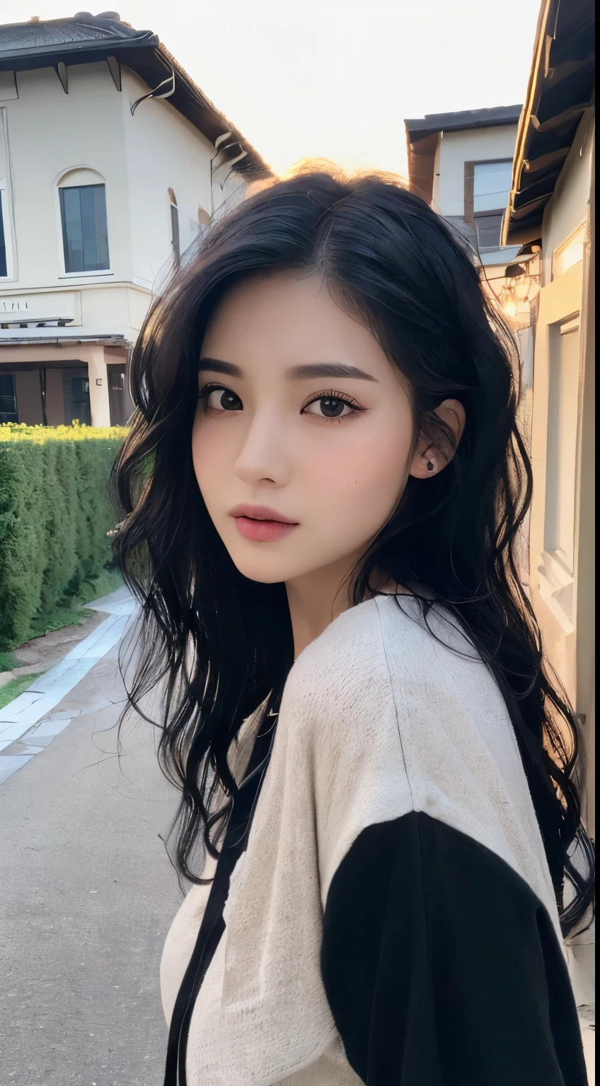 ((Realistic lighting、top-quality、8K、​masterpiece:1.3))、Focus:1.2、1 girl in、flawless beauty:1.4、((Wavy black hair、:1.3))、(outside of house、natta:1.2)、Thin Eyes、double eyelid、(In the street）、toward to the camera、(half: 1)、((Casual wear))、